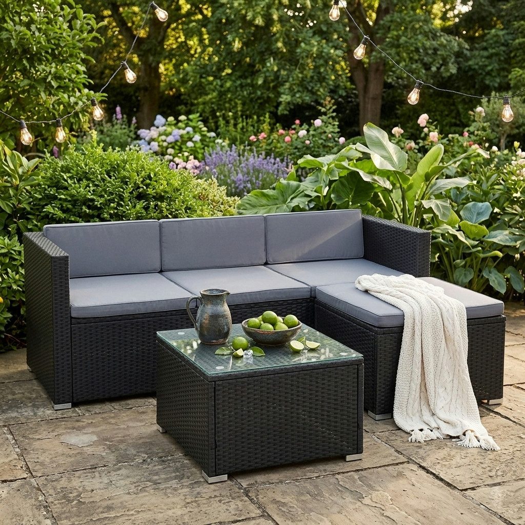 ESTEXO Sitzgruppe Rattan Lounge Gartenmöbel Set Sofa Couch 3-Sitzer schwarz Rattanmöbe