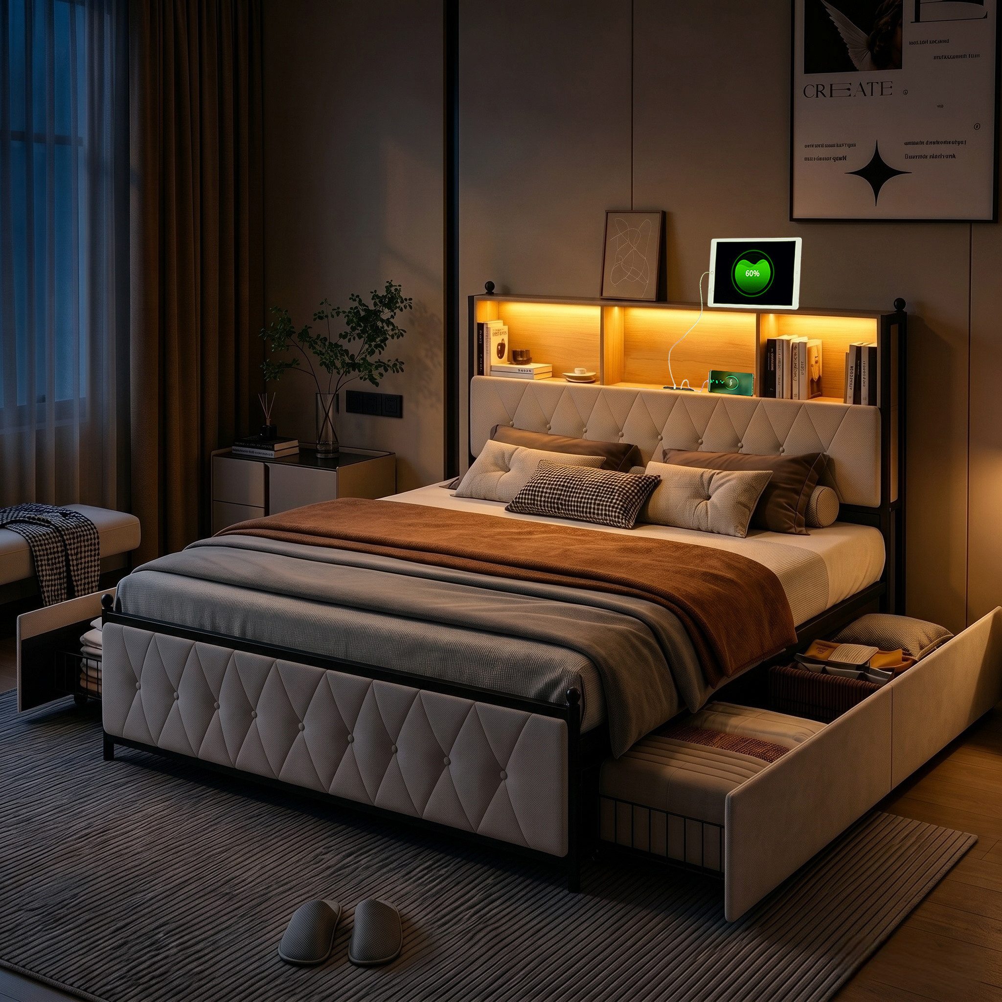 Gdood Polsterbett Stauraumbett Doppelbett LED (1 tlg, Mit Vier extra große Schubladen), Mit LED-Beleuchtung, USB & TYPE-C Anschlüsse, Samt, 180x200 cm
