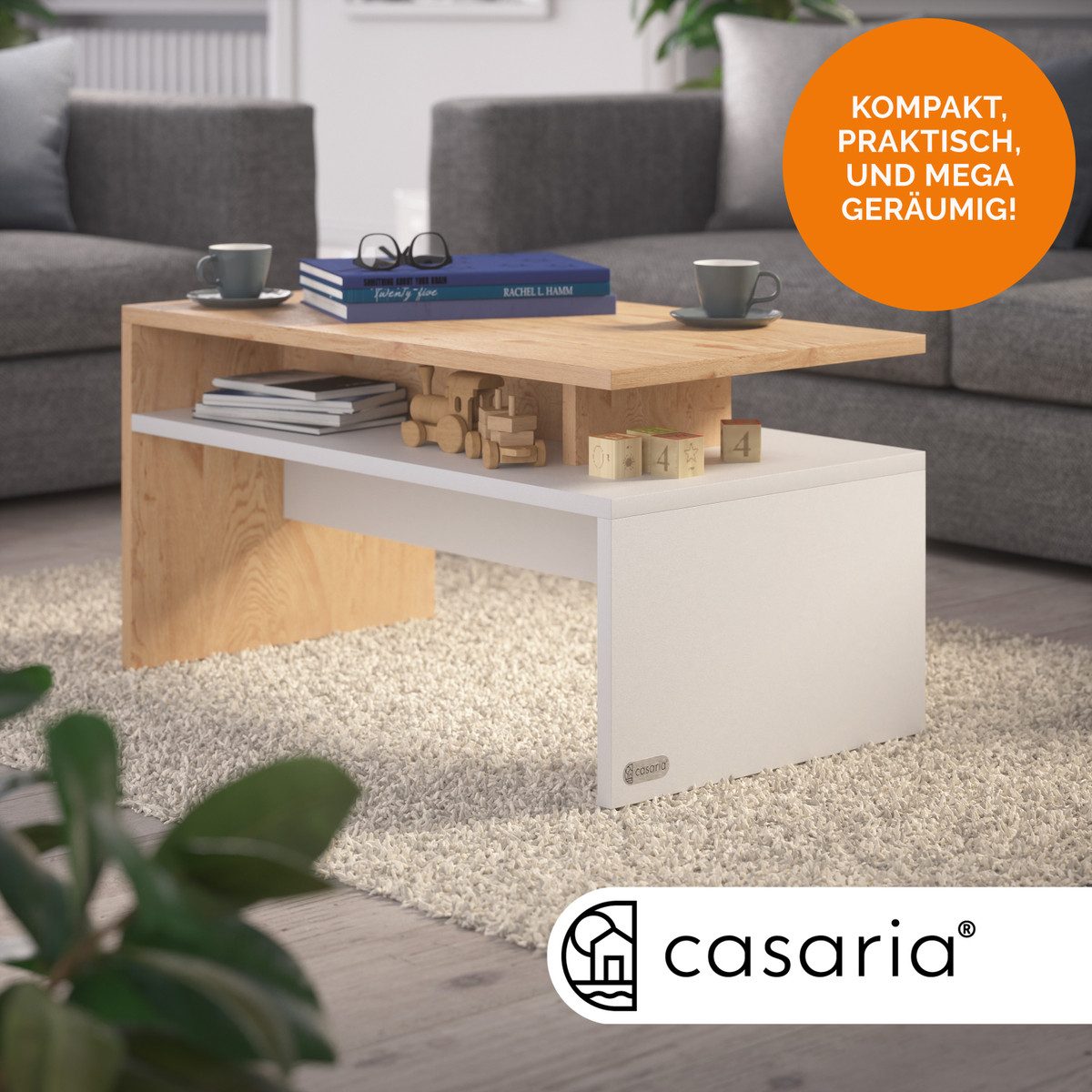 Casaria Couchtisch Sacramento, Holz Weiß Eiche mit Stauraum 95x55x50cm 2 Ab günstig online kaufen