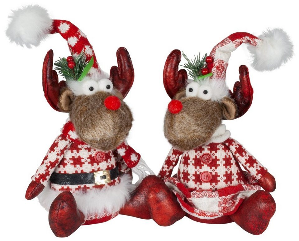 Christmas Paradise Weihnachtsfigur Elch sitzend 27cm (35cm) (Dekofiguren, 2  St., im Set), Rentier Pärchen, 2 Designs Mann und Frau, Weihnachtsdeko Rot -Weiss