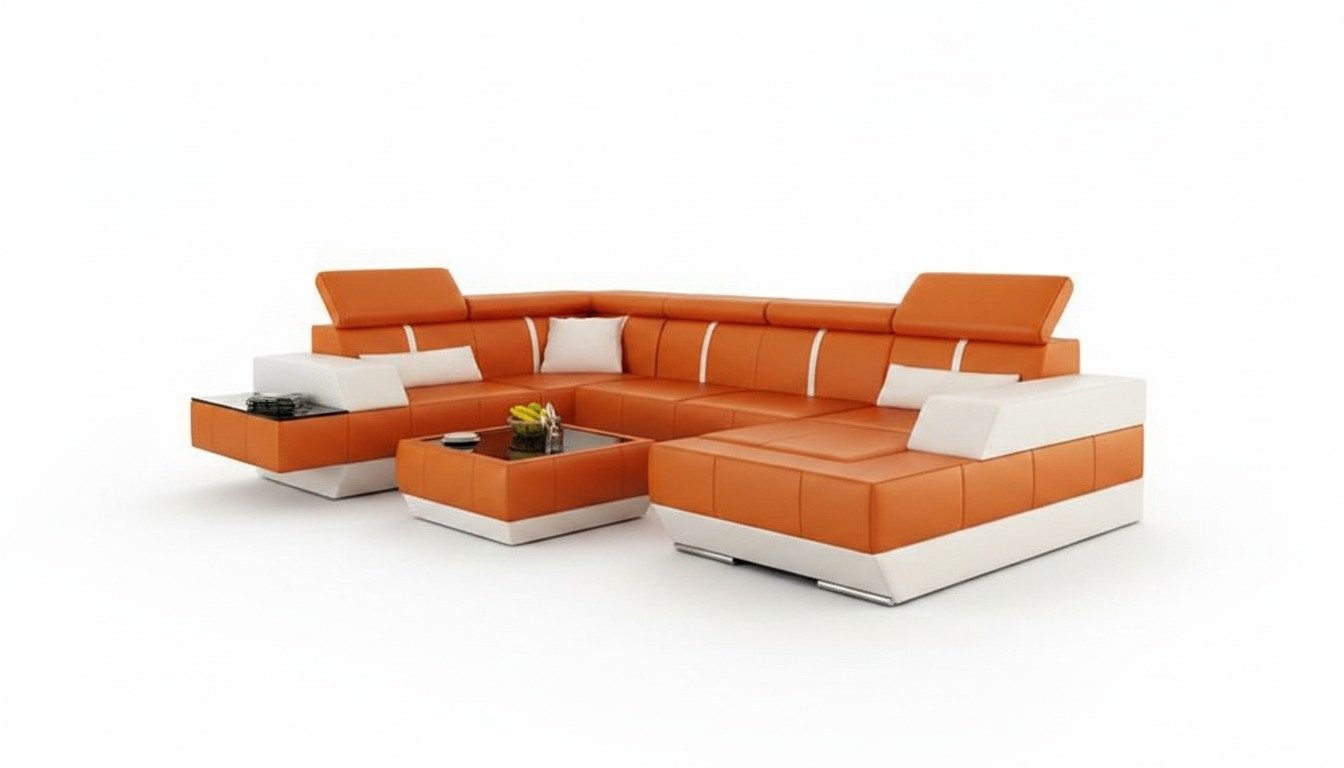 JVmoebel Ecksofa Moderne Ledercouch mit USB-Anschlüssen und Poster Ecke Design, Made in Europa