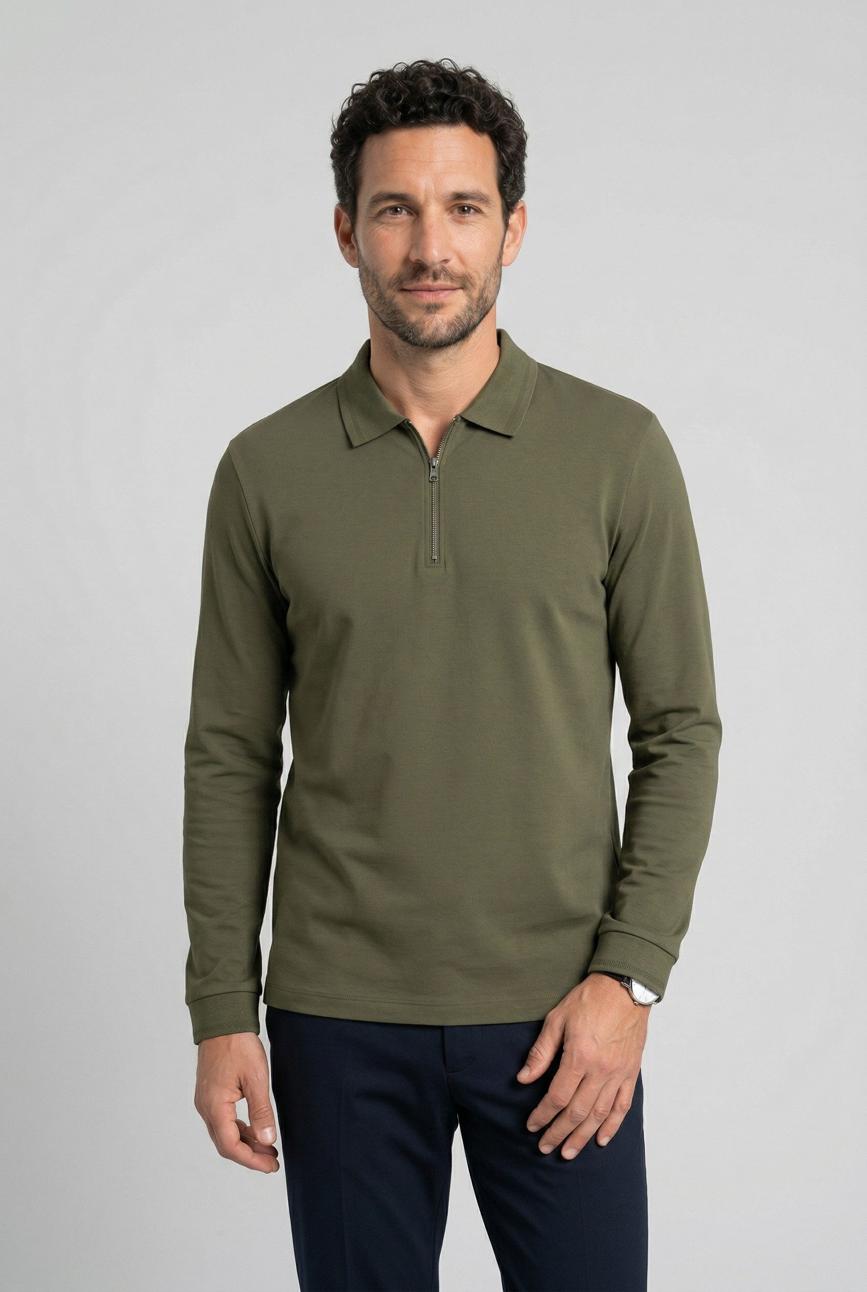 OLYMP Langarm-Poloshirt unifarben, Polokragen, regular fit, casual