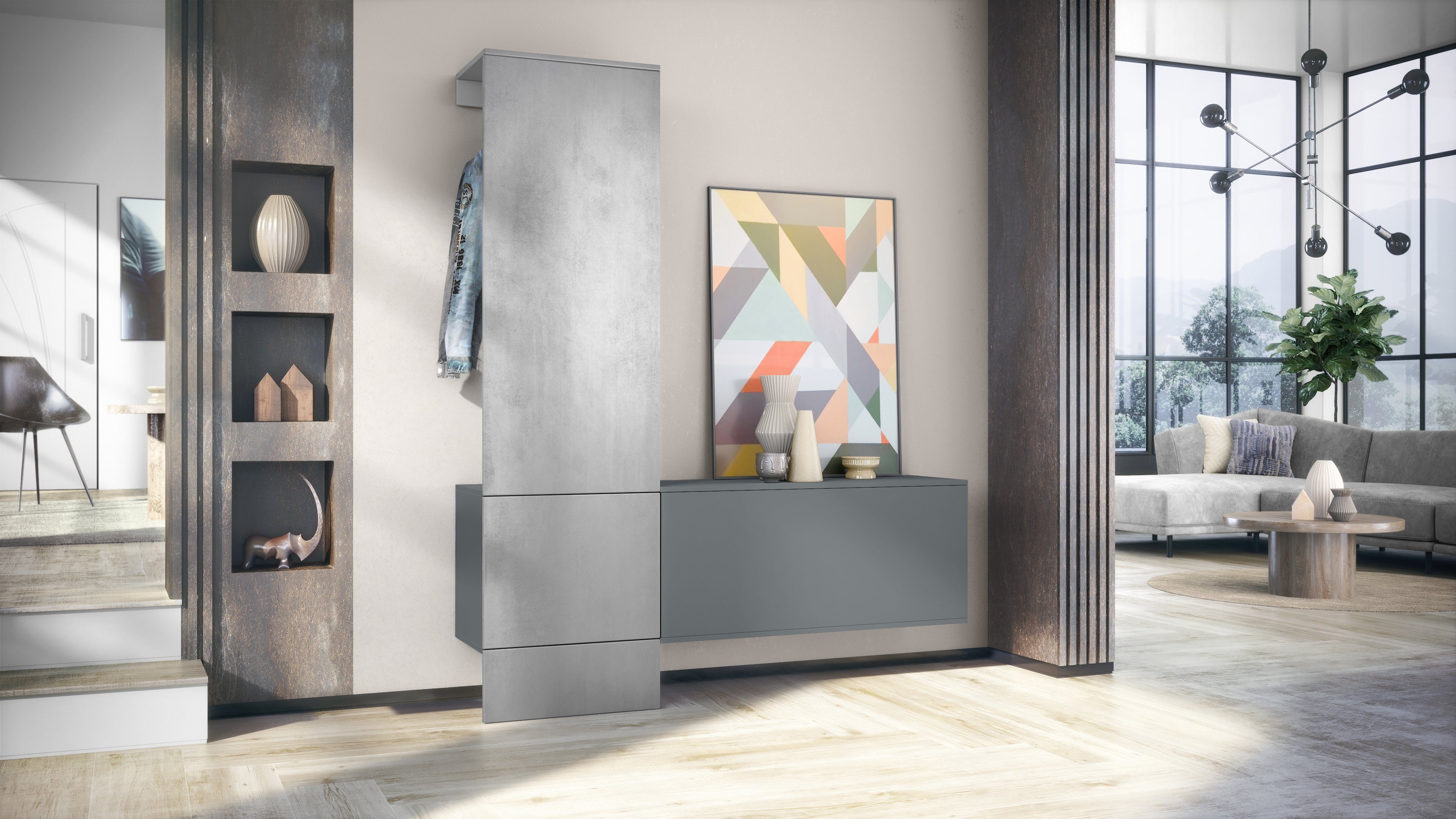 Vladon Garderoben-Set Carlton Set 4, (Wandgarderobe bestehend aus, 1 Paneel und 1 Schrankmodul), Anthrazit matt/Beton Oxid Optik (156,5 x 193 x 35 cm)