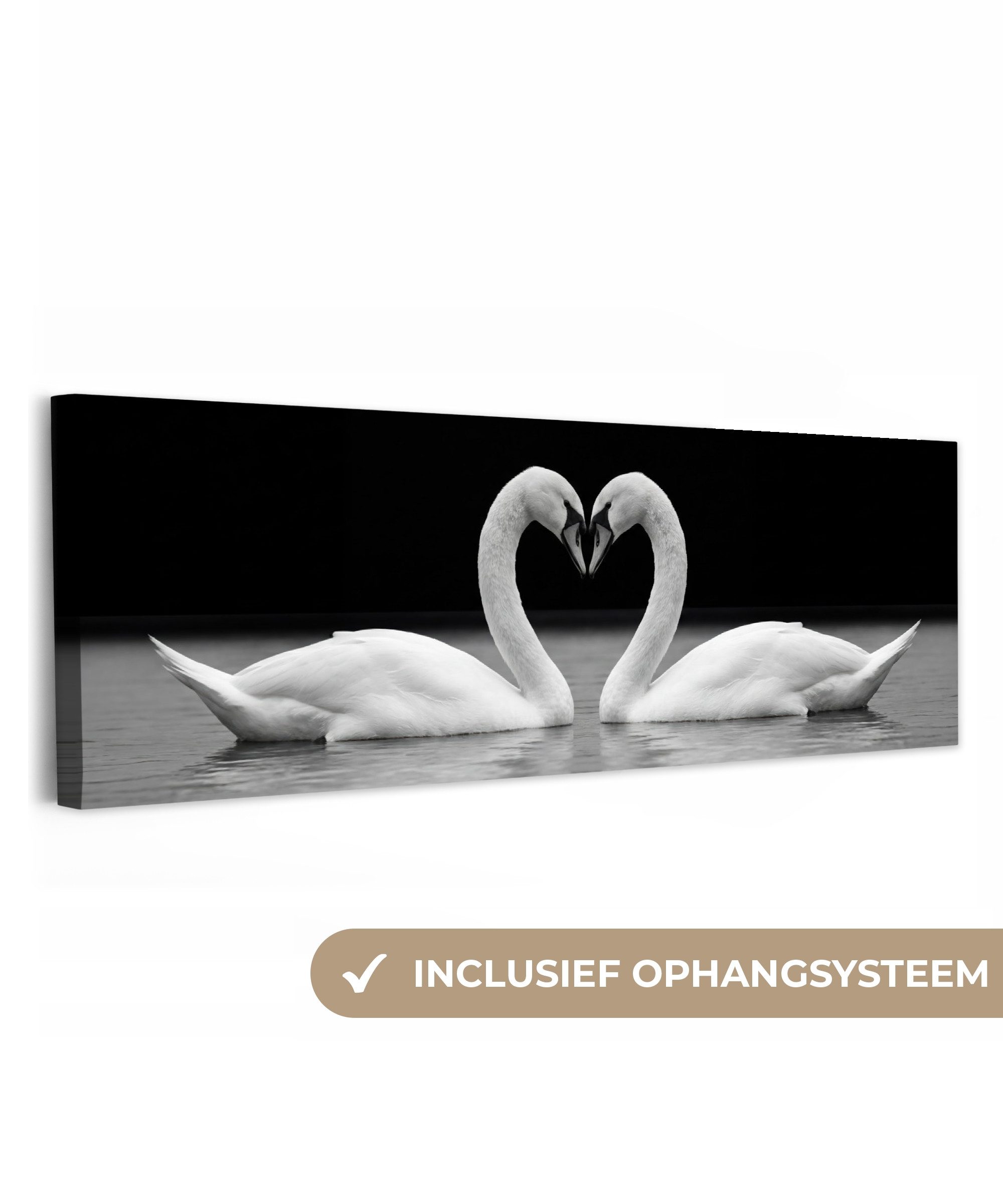OneMillionCanvasses® Leinwandbild Panorama Schwäne - Herz - Schwarz - Weiß, Fotodruck (1 St), Wandbild, Deko Schlafzimmer Wohnzimmer Flur 60x20 cm