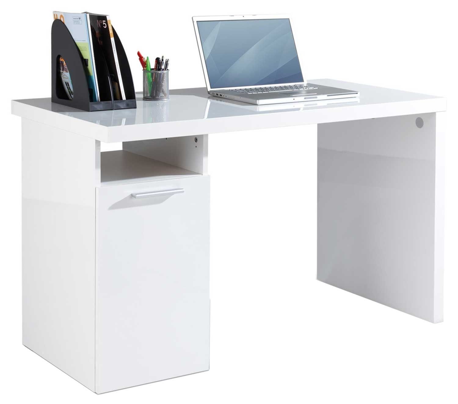 Schreibtisch Computertisch OSERVO, Weiß Hochglanz, 120 x 75 x 60 cm, mit 1 Tür und 1 Ablagefach