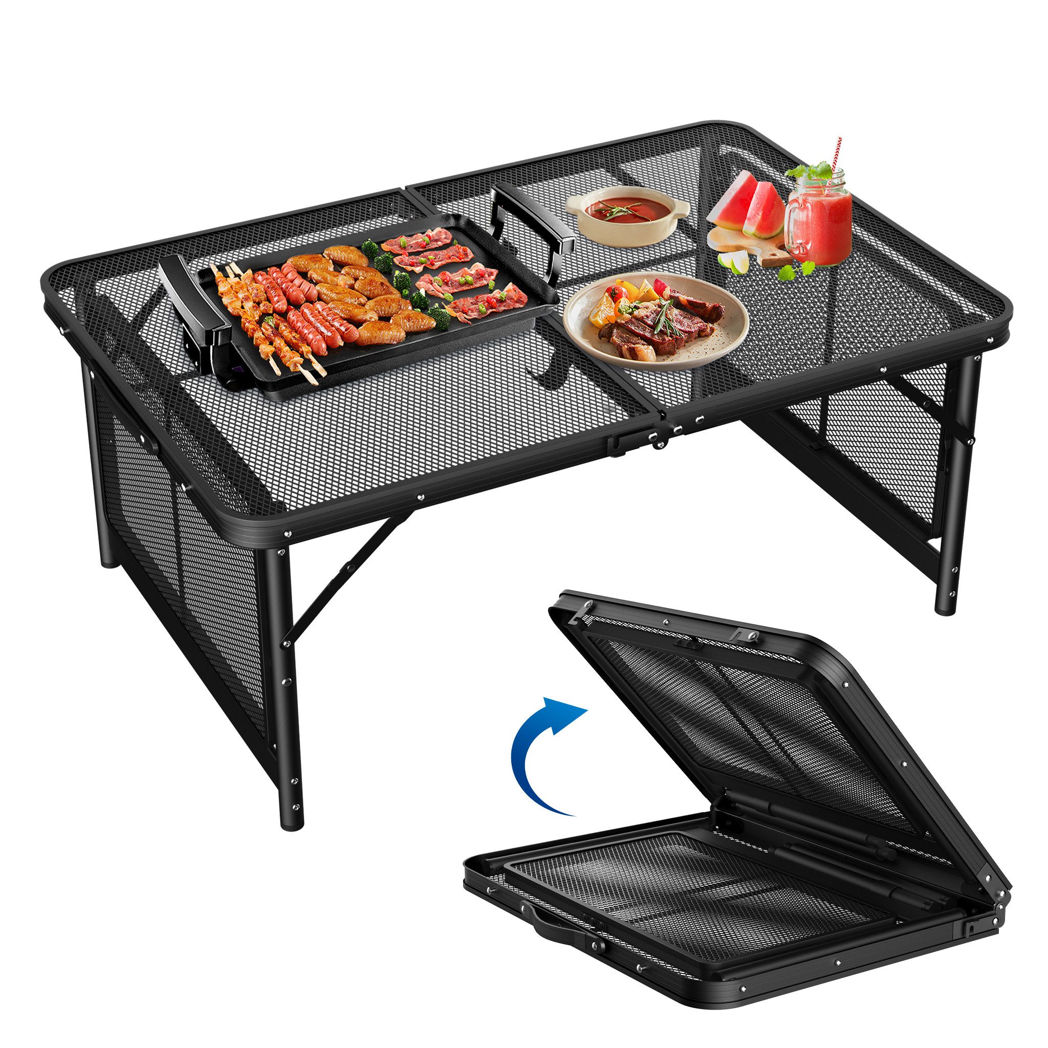 FIVMEN Campingtisch Camping Beistelltisch Klappbar 90×60cm Metallgitterplatte Gartentisch, Höhenverstellbarer Camping Tisch Outdoor Picknicktisch Klapptisch