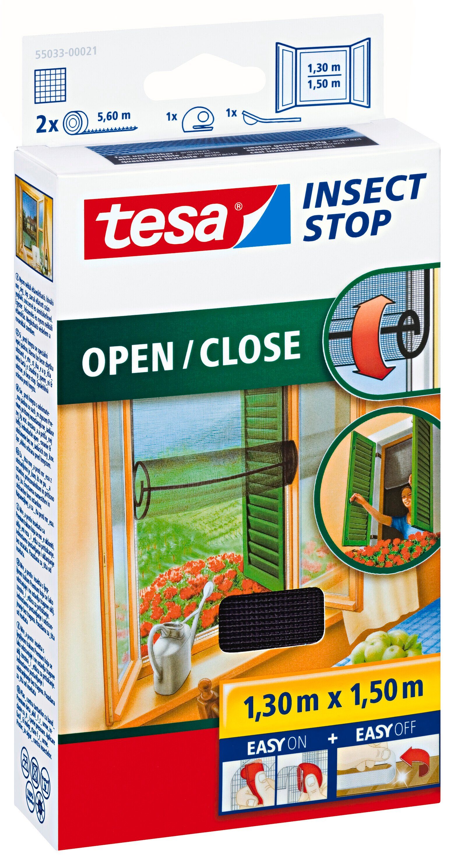 tesa Insektenschutz-Fensterrahmen Insect Stop Comfort Fliegengitter für Fenster- Insektenschutz Rollo, (Packung, 1-St., Fliegennetz, Klettband, Andrück und Schneidehilfe), Insektenschutz für Fenster - selbstklebend - schwarz - 1,3 m : 1,5 m