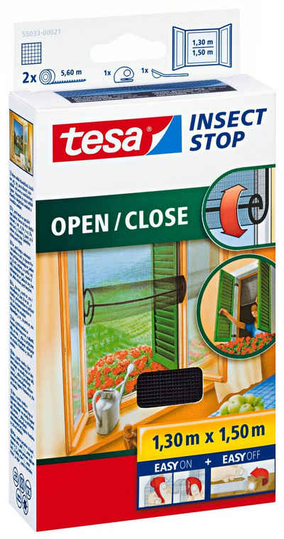 tesa Insektenschutz-Fensterrahmen Insect Stop Comfort Fliegengitter für Fenster- Insektenschutz Rollo, (Packung, 1-St., Fliegennetz, Klettband, Andrück und Schneidehilfe), Insektenschutz für Fenster - selbstklebend - schwarz - 1,3 m : 1,5 m