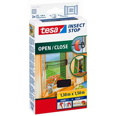 tesa Insektenschutz-Fensterrahmen Insect Stop Comfort Fliegengitter für Fenster- Insektenschutz Rollo, (Packung, 1-St., Fliegennetz, Klettband, Andrück und Schneidehilfe), Mückenschutz für Fenster - selbstklebend - 1,3 m : 1,5 m, schwarz