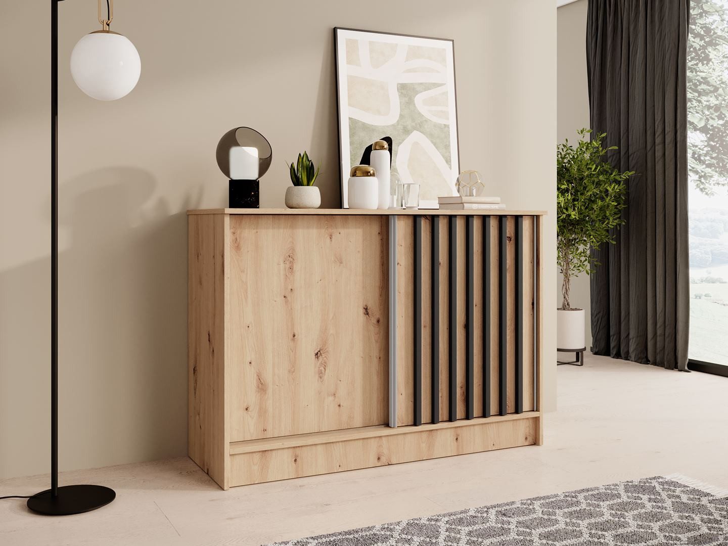 Beautysofa Kommode mit 2 Schiebetüren HORIZON (in 120 cm oder 160 cm, verschiedene Farben: Eiche Artisan, Schwarz, Weiß, Kaschmir), mit dekorativen Lamellen