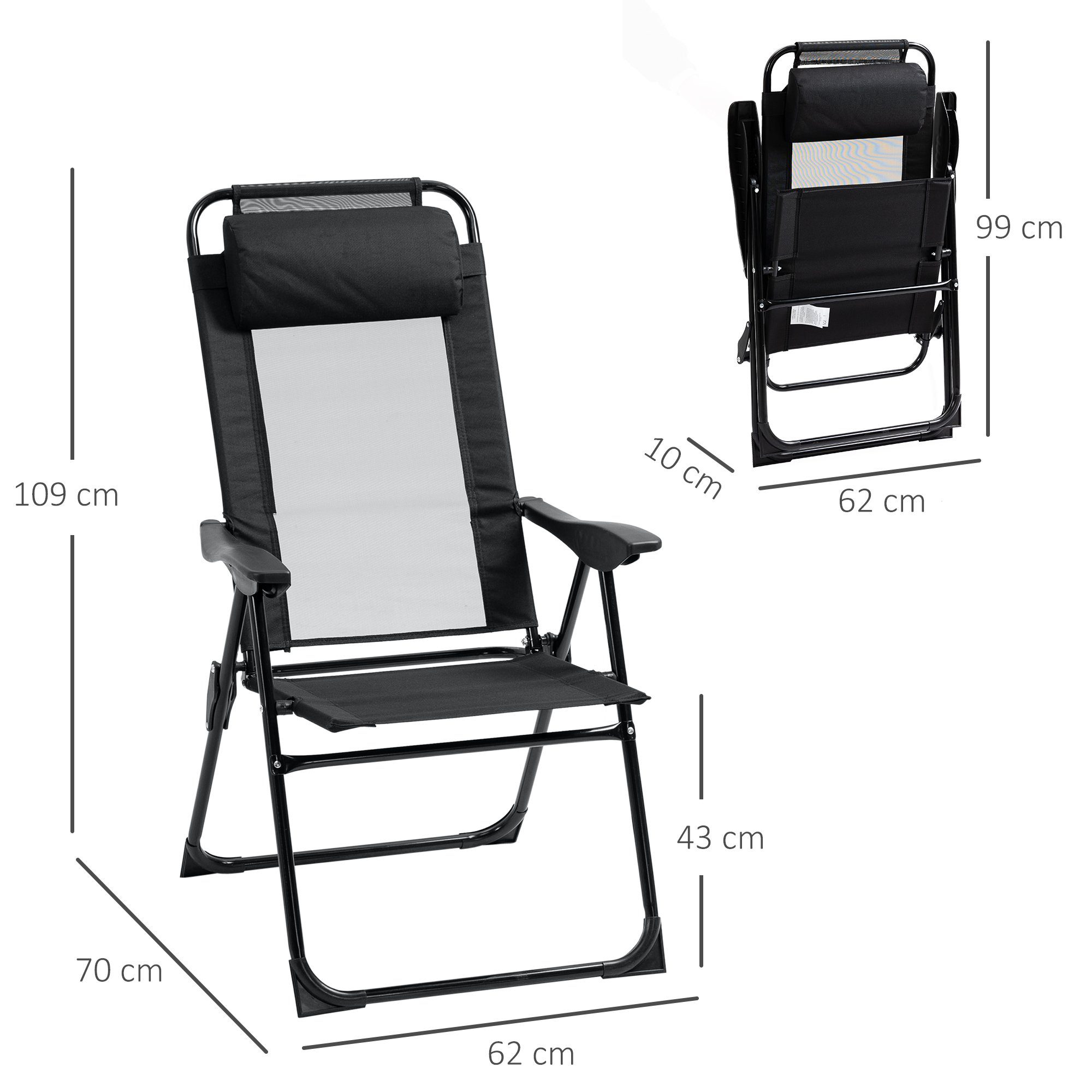 Outsunny Klappstuhl 2er-Set klappbarer Gartenstuhl mit verstellbarer Rückenlehne Armlehne (Campingstuhl, 2 St), für Garten Balkon bis 120 kg belastbar Oxford Schwarz