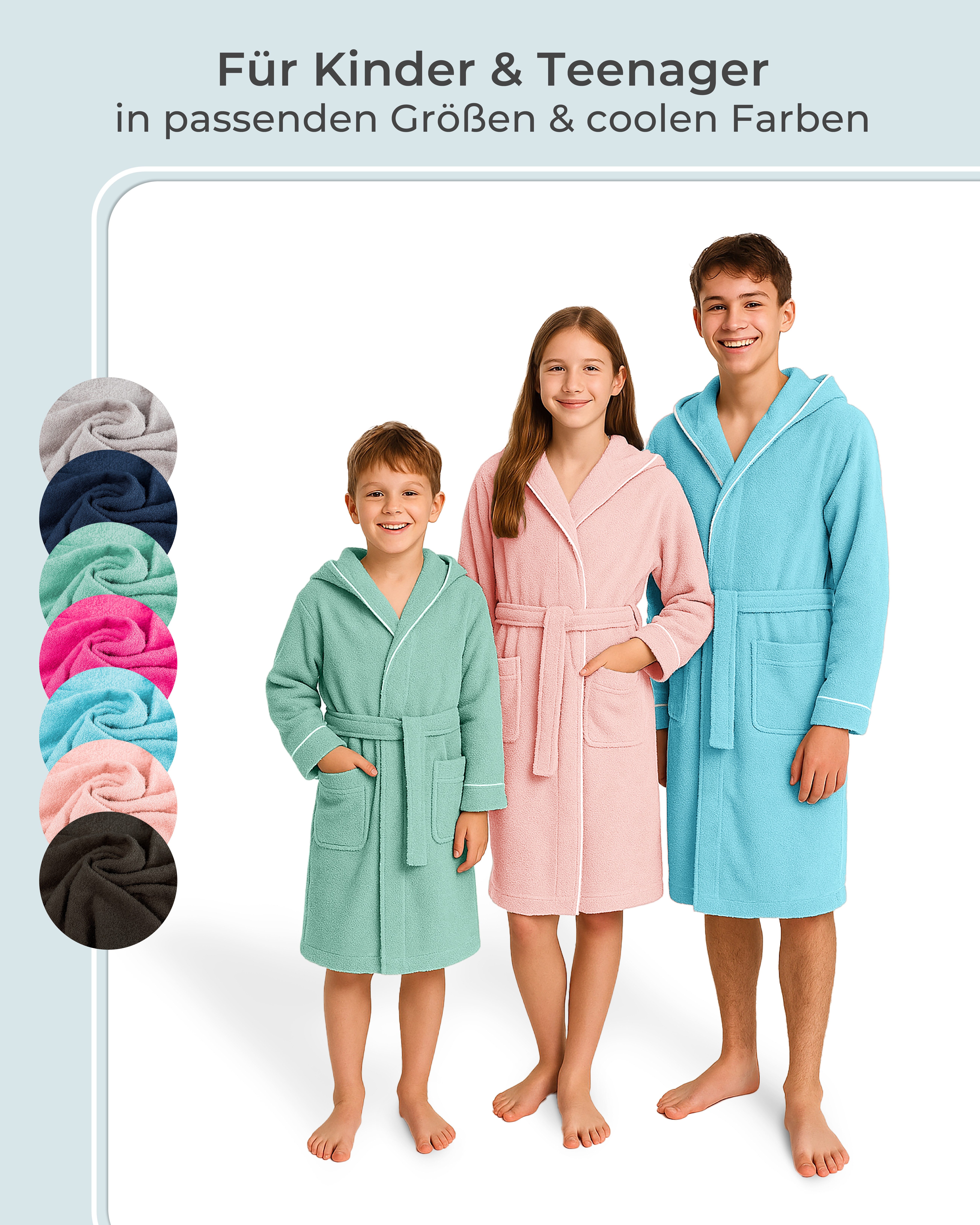 Laynenburg Kinderbademantel Frottee Bademantel für Kinder mit Kapuze aus 100% Baumwolle, in den flauschigen Größen von 110 - 176 für Mädchen, Junge, Teenager