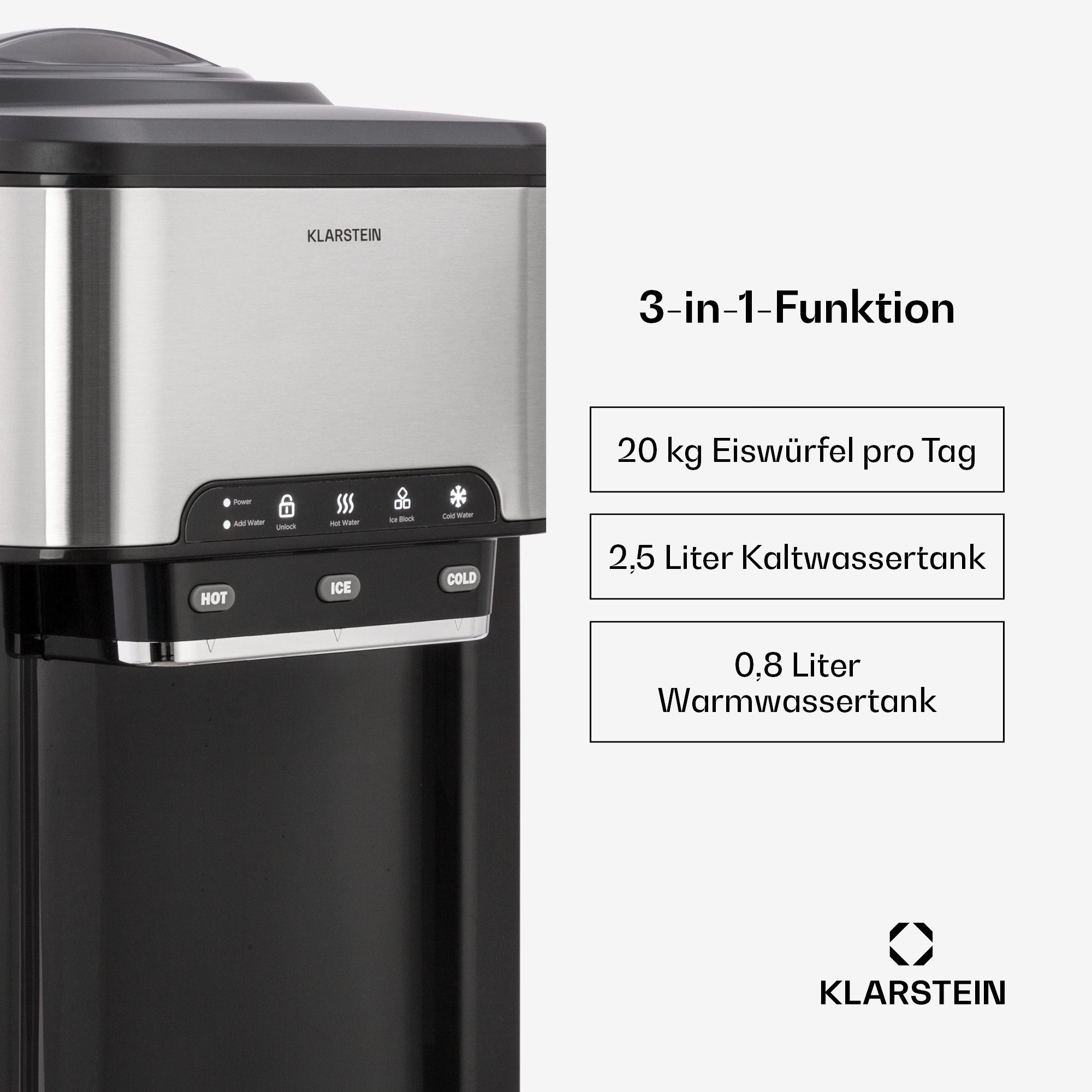 Klarstein Eiswürfelmaschine Aqueous Eiswürfelmaschine 3-in-1 20 kg/24h Eis+Eiswasser+Heißwasser 3L, Eiswürfelbereiter Ice Cube Maker mit Wasserspender & Eisschaufel
