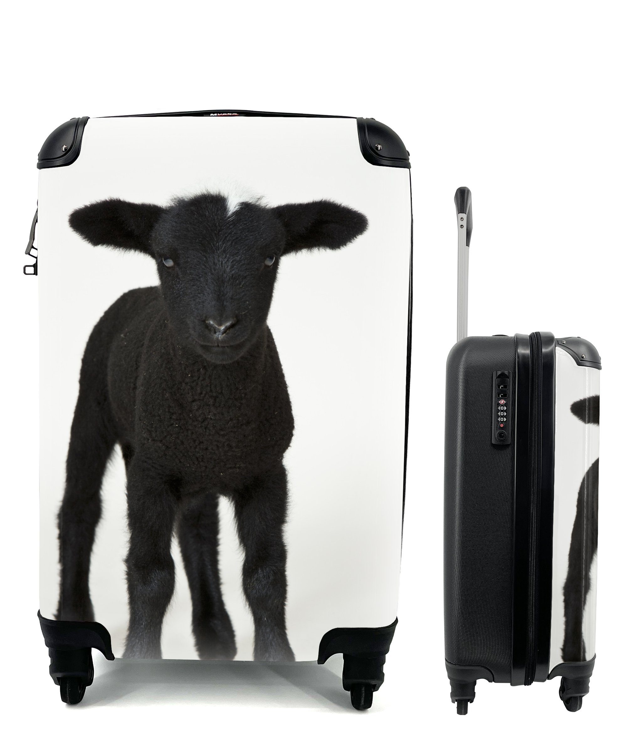 MuchoWow Handgepäckkoffer Schönes schwarzes Lamm auf weißem Hintergrund, 4 Rollen, Reisetasche mit rollen, Handgepäck für Ferien, Trolley, Reisekoffer
