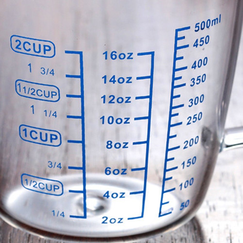 Transparent-250ml für Skala Liter,Milliliter,Maßkanne, Messbecher Messbecher,250 ml/500 hitzebeständig,mit transparent, Rutaqian Glas Griff, ml,Skalierung