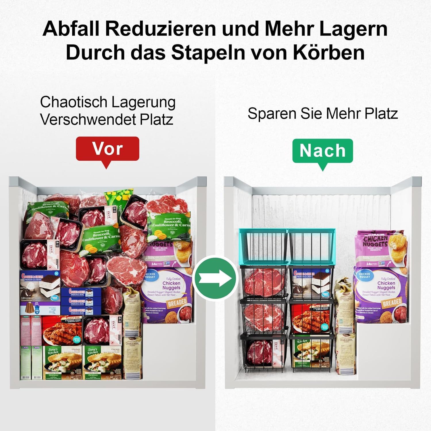 Refined Living Aufbewahrungsbox 5X Gefriertruhe Körbe Stapelbar,Gefrierkorb,Gefriertruhe Organizer (Gefrierbehälter stapelbar, Tiefkühltruhe Ordnung, Gefrierschrank Aufbewahrung, Drahtkörbe mit Griffen, Gefrierschrank Körbe, Tiefkühl Organizer Körbe, Gefriertruhe Ordnungssystem, für 198L Tiefkühltruhen Sortieren Gefrorenes Fleisch, 5 St., Offene Gitterstruktur, Robustes Metallgitter, Schneller Zugriff), Gefrierbehälter Metall für Fleisch,Gemüse, Eis,Obst, Platzsparend