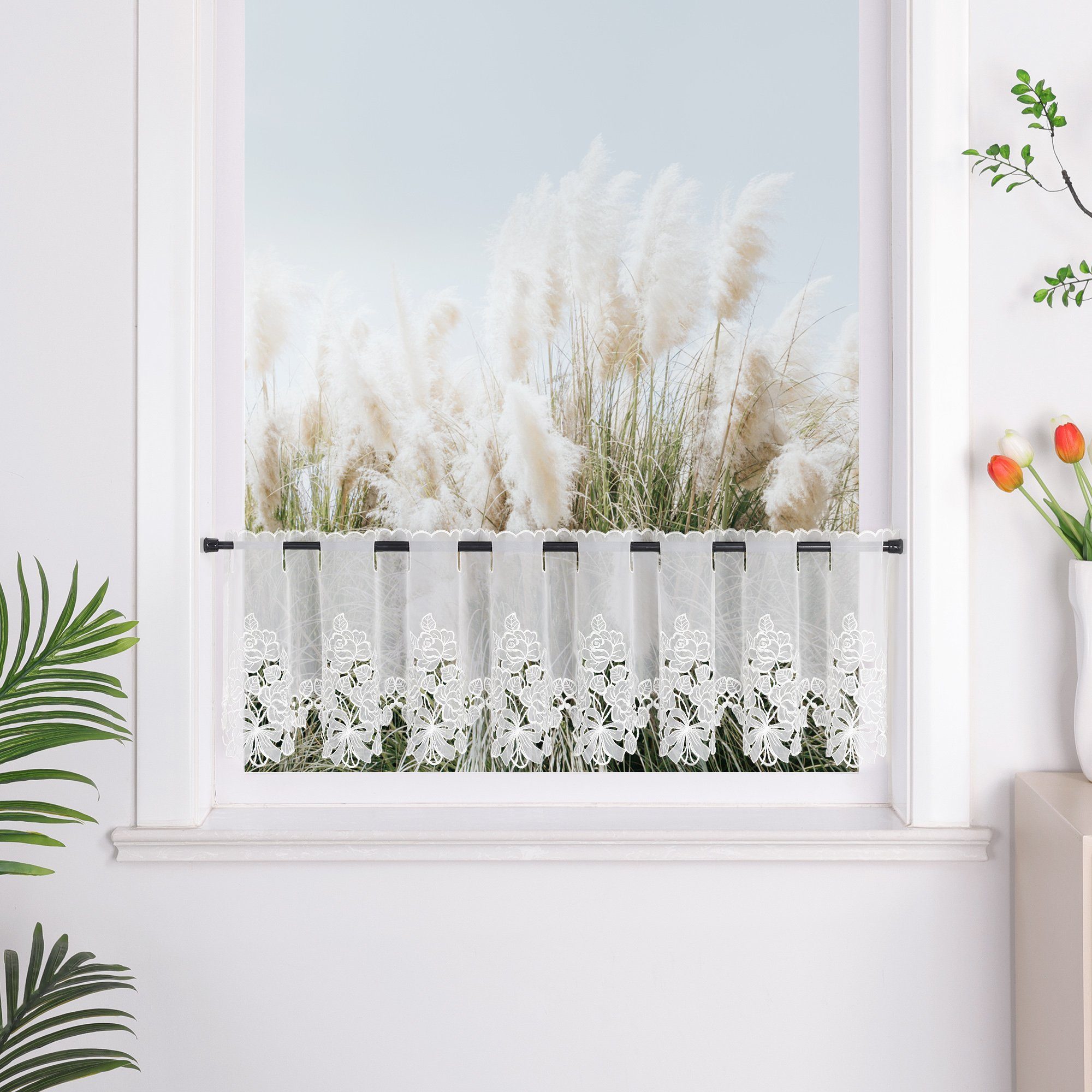 Delien Scheibengardine Stickerei Blume (1 St), Durchzuglöcher, Voile, Vinta günstig online kaufen