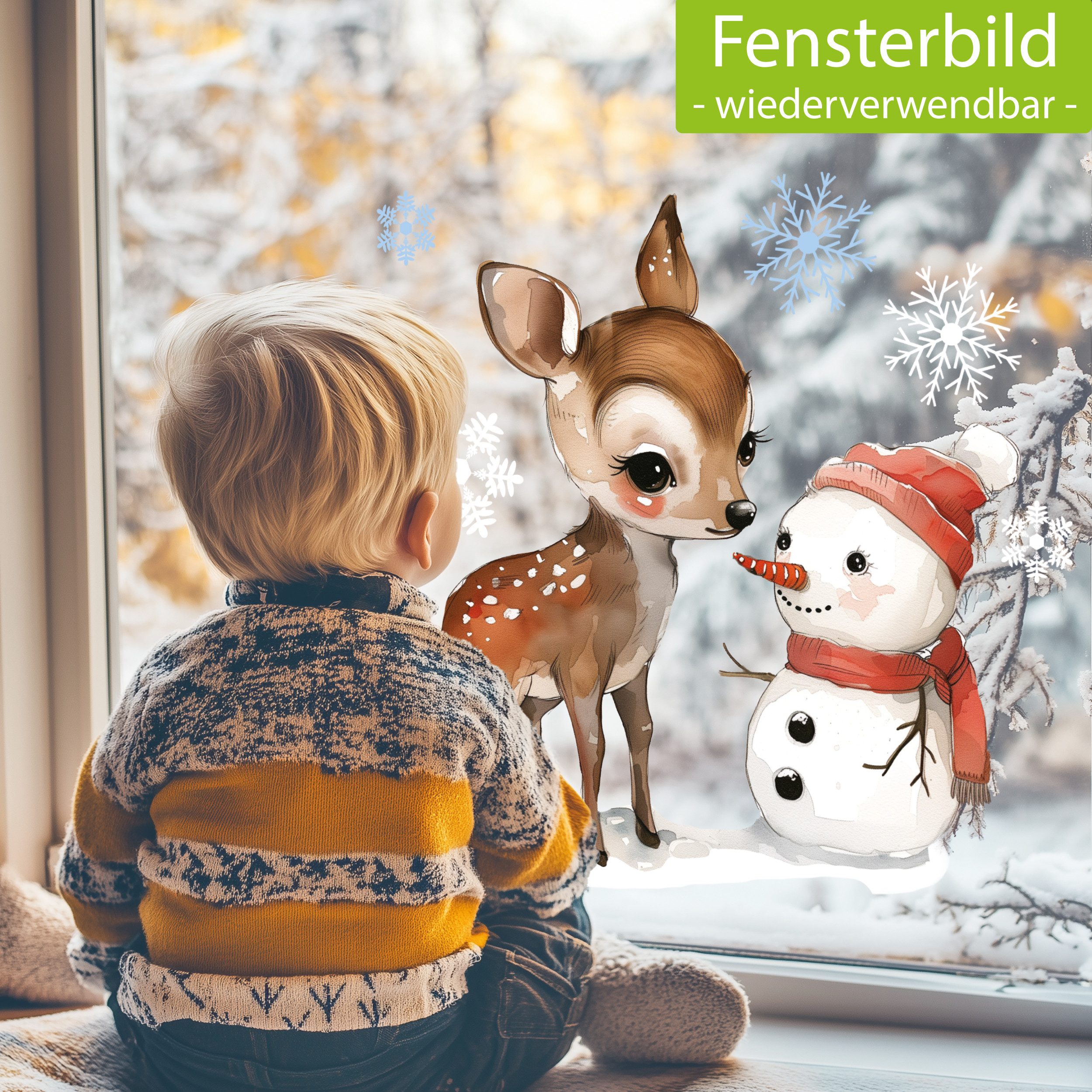 Sunnywall Fensterdekoration Kinderzimmer Fensterbild Winter Reh mit Schneemann