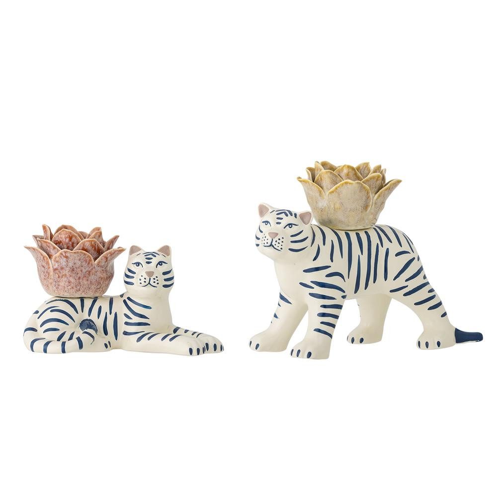Bloomingville Kerzenhalter Rory, Bunt, Steingut, 2er Set (2 St), Tiger Kerzenhalter, Tierfigur Deko, Handbemalt, Kerzenständer Set