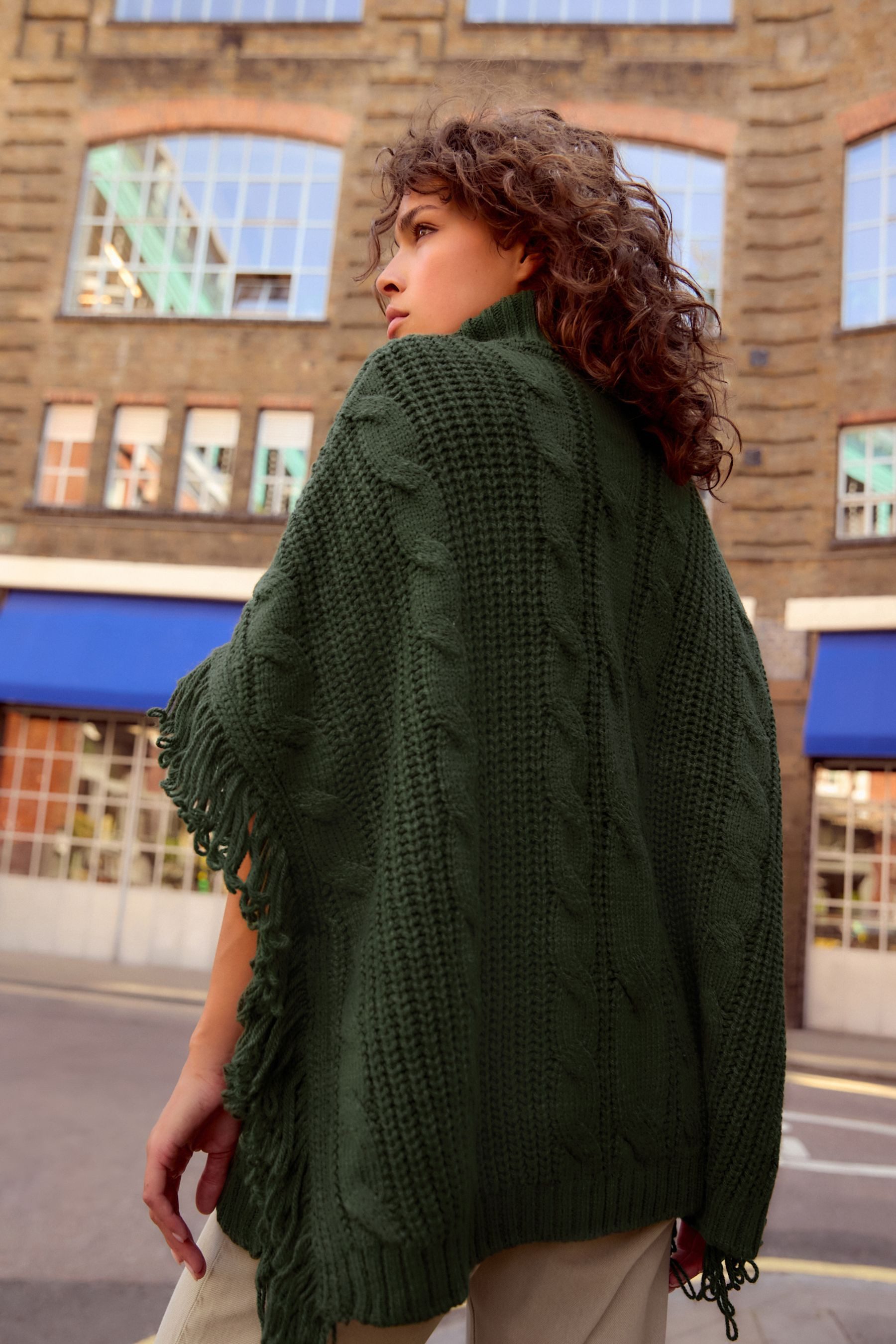 Next Strickponcho Cape-Strickjacke mit Rollkragen, Fransen günstig online kaufen