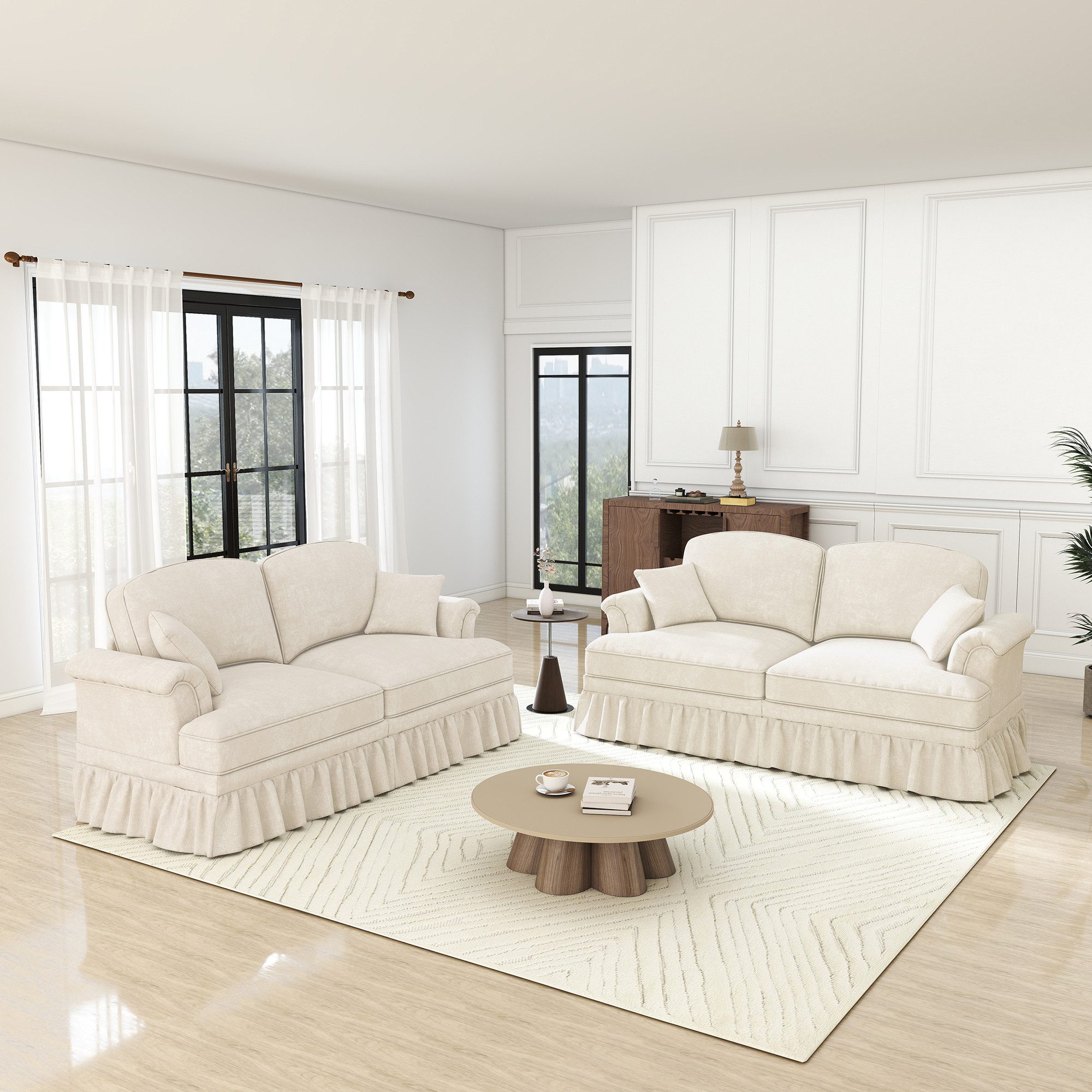 Odikalo Big-Sofa Ecksofa mit Schlaffunktion und Volant, Elegantes Mid-Century 2-3-4-5-Sitzer Sofa aus Chenille mit Trichter-Armlehnen, abnehmbarer Rüschenschürze & spindelförmigen Beinen – Komfortables Sofa fürs Wohnzimmer, Mehrfarbig