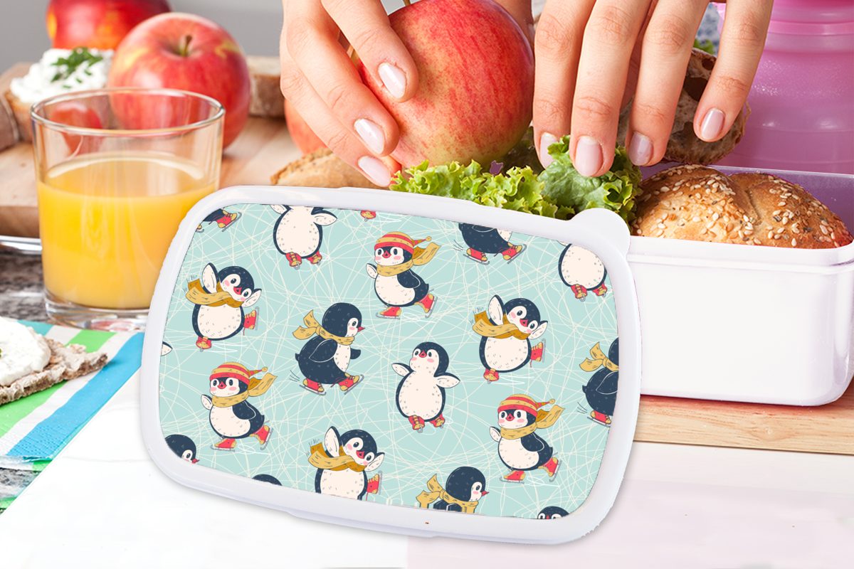 Kinder (2-tlg), Winter - Pinguin Brotdose, Schlittschuhe - und MuchoWow Lunchbox - Kunststoff, für - Erwachsene, Kinder und Mädchen Brotbox Muster, weiß Jungs für