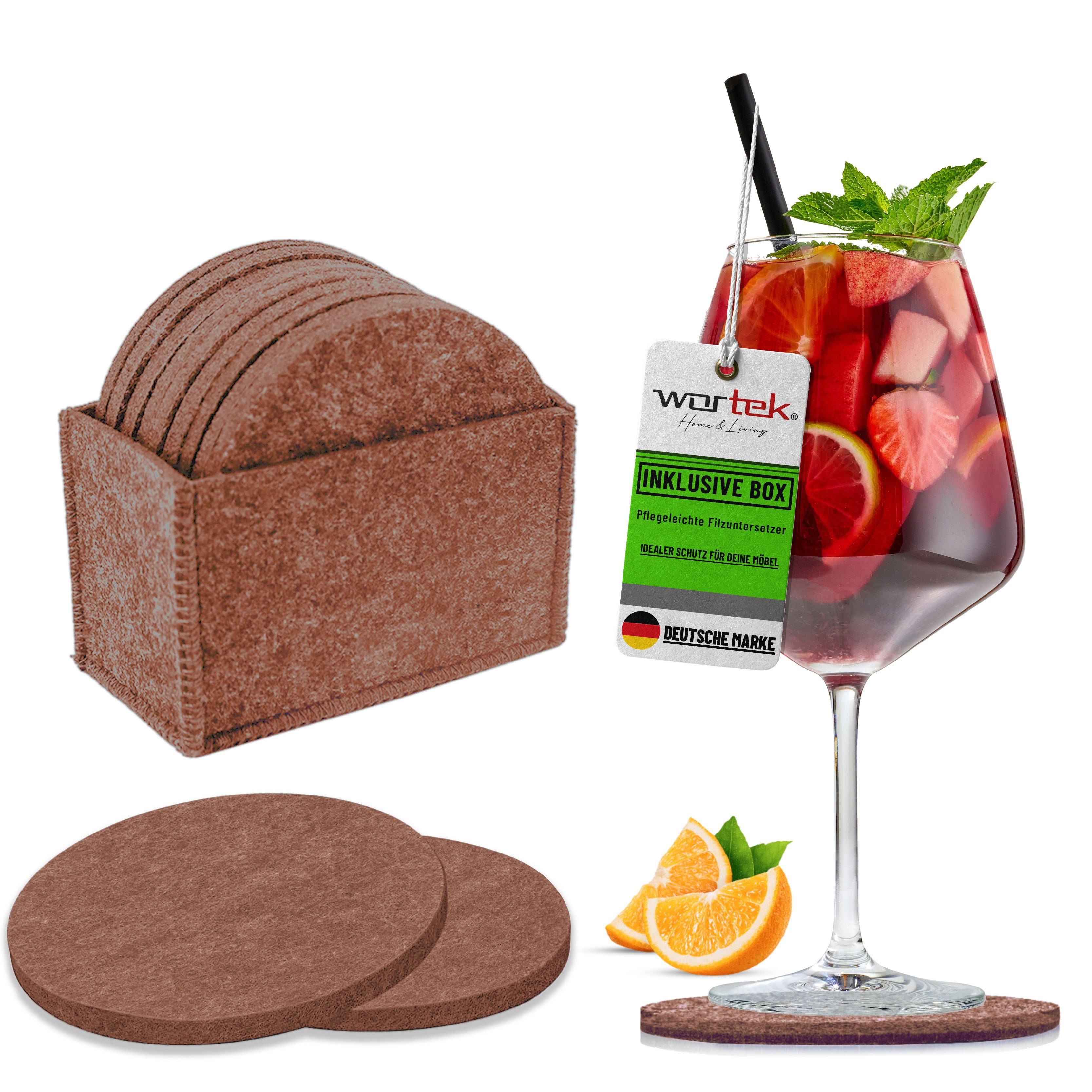 wortek Getränkeuntersetzer Filz-Untersetzer Rund für Gläser 10er Set + Box, Zubehör für Tisch & Gläser, Set, 10-tlg., waschbare Getränke Glasuntersetzer Gläser, Tischuntersetzer Filz 10 cm