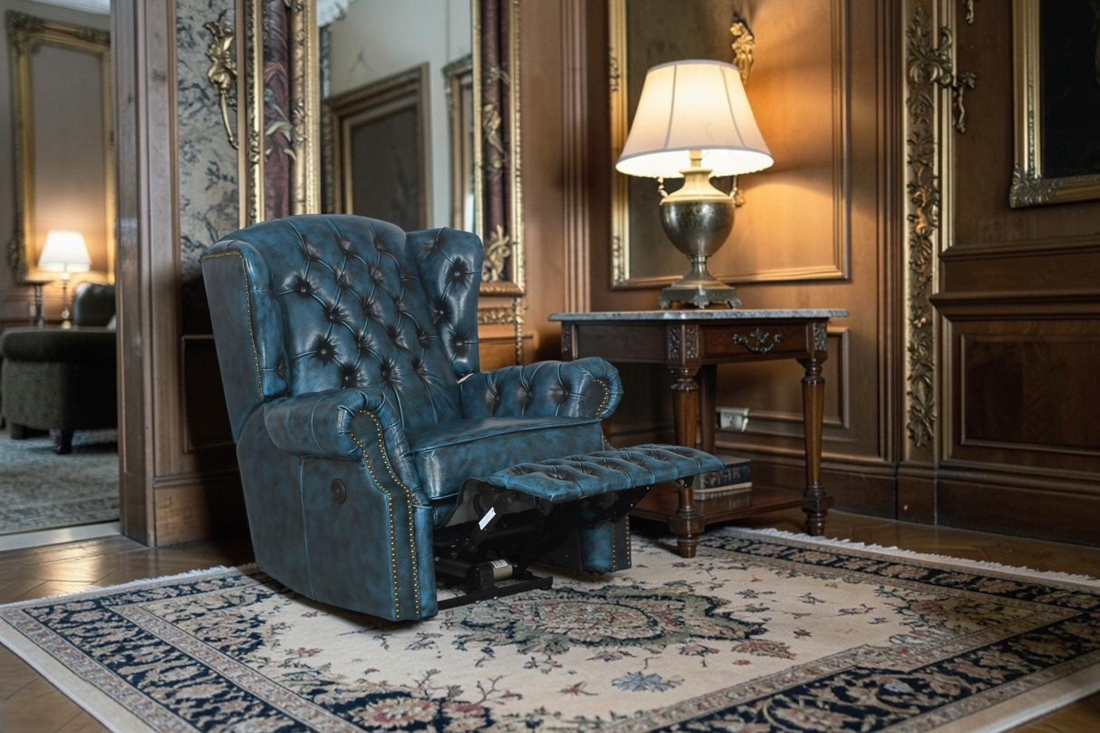 Salottini Chesterfield-Sessel VERKÜRZTE LIEFERZEIT Chesterfield Ohrensessel Stunning Motor Blau, Vollleder, Handarbeit