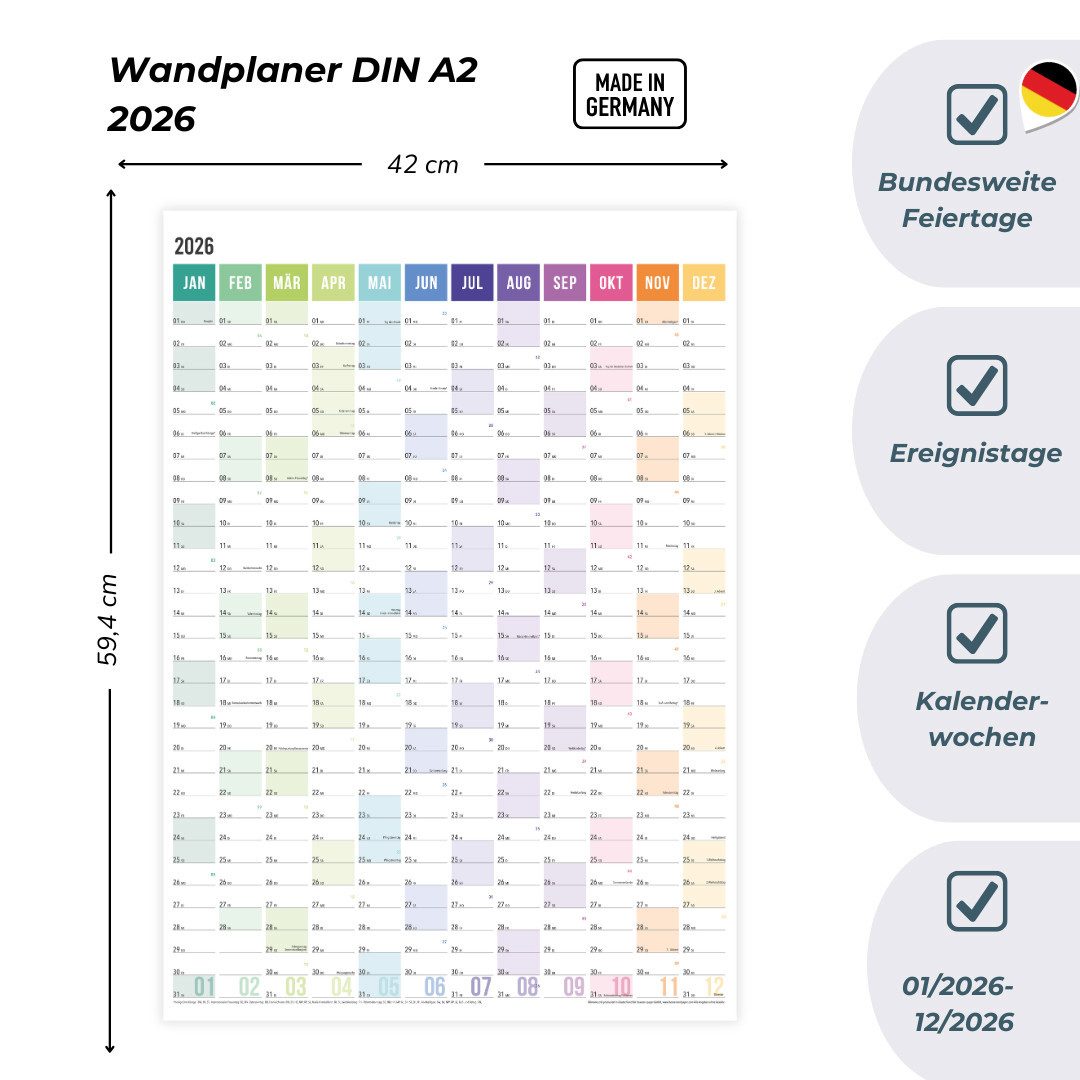 heaven+paper Jahresplaner A2 Wandplaner gerollt 2026 Rainbow Hochformat, hochwertig, Hergestellt in Deutschland