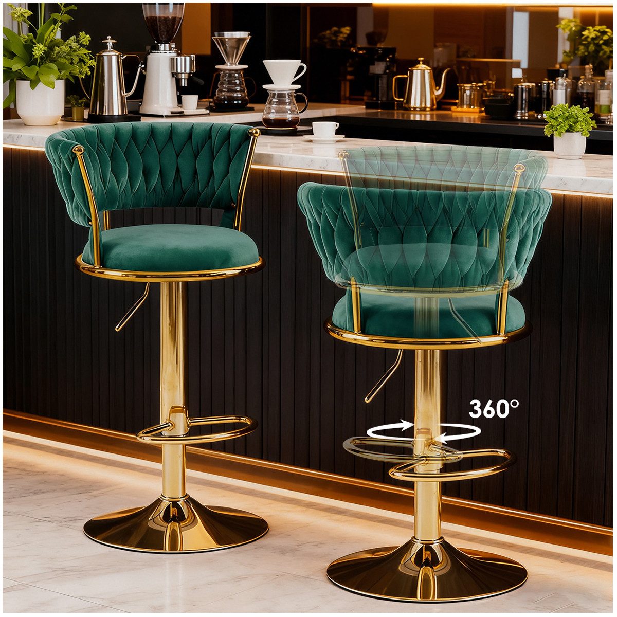 YVMOOEC Barhocker Barhocker höhenverstellbar mit Samtbezug und Rückenlehne (Set, 2 St., Ideal als Barstuhl für Küche, Bar und Caf), 360° drehbar mit Armlehnen, Fußstütze und ergonomischem Design