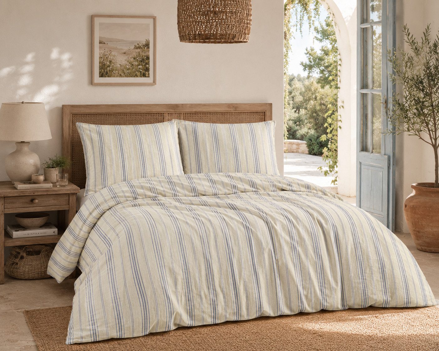KK Shopping Kinderbettwäsche Leinen Bettwäsche Set 135x200 cm 2-teilig gestreift Beige Blau, 2 teilig, Langlebig
