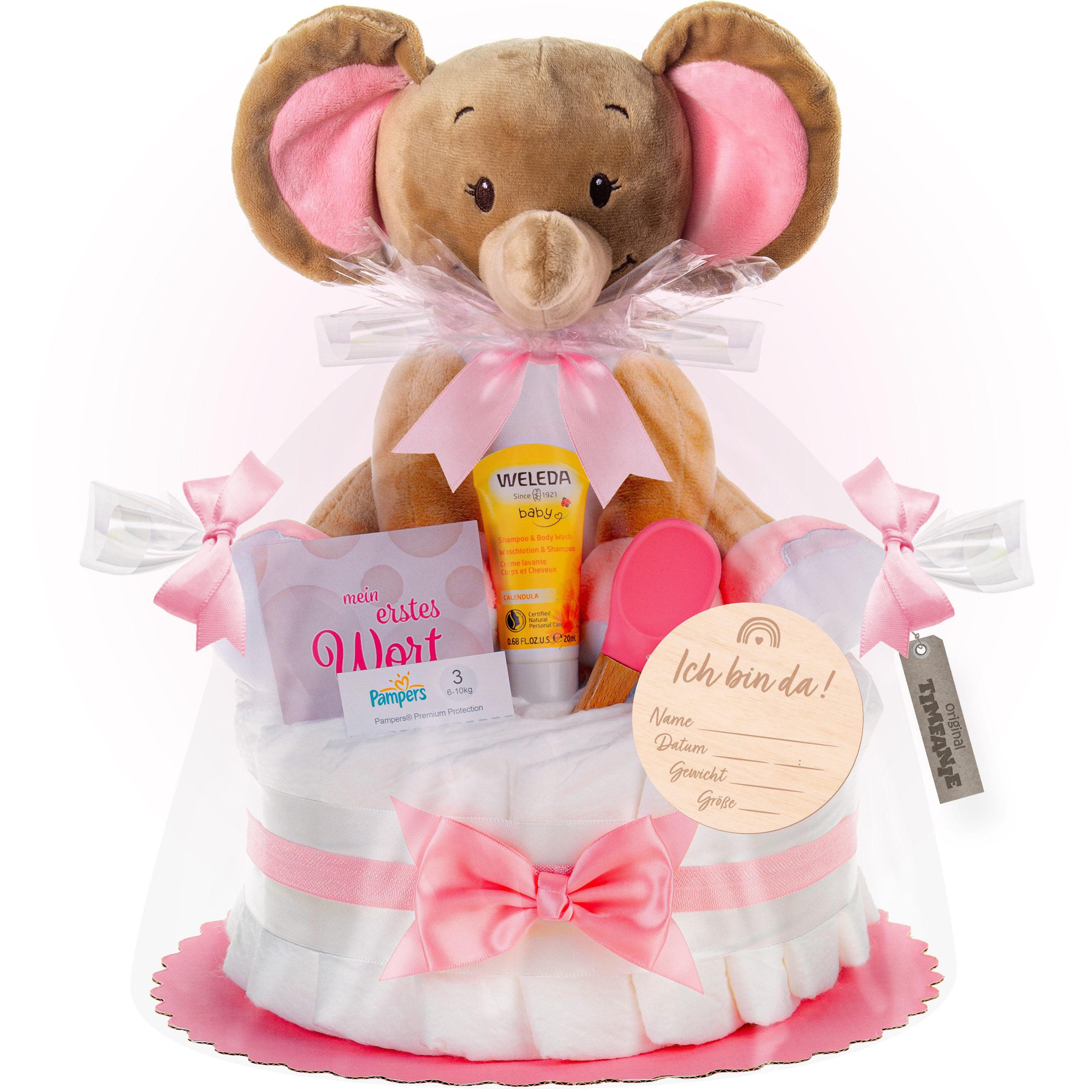 Timfanie Windeln Windeltorte, Kuschel Elefant, rosa, 0-8 Monate (Handgefertigtes Geschenk - In Folie gehüllt, mit Schleifen verziert, 28-St., 20 Pampers Premium, 1 Marken-Kuscheltie, wertige Accessoires), Das Perfekte Geschenk zur Geburt oder Babyparty.