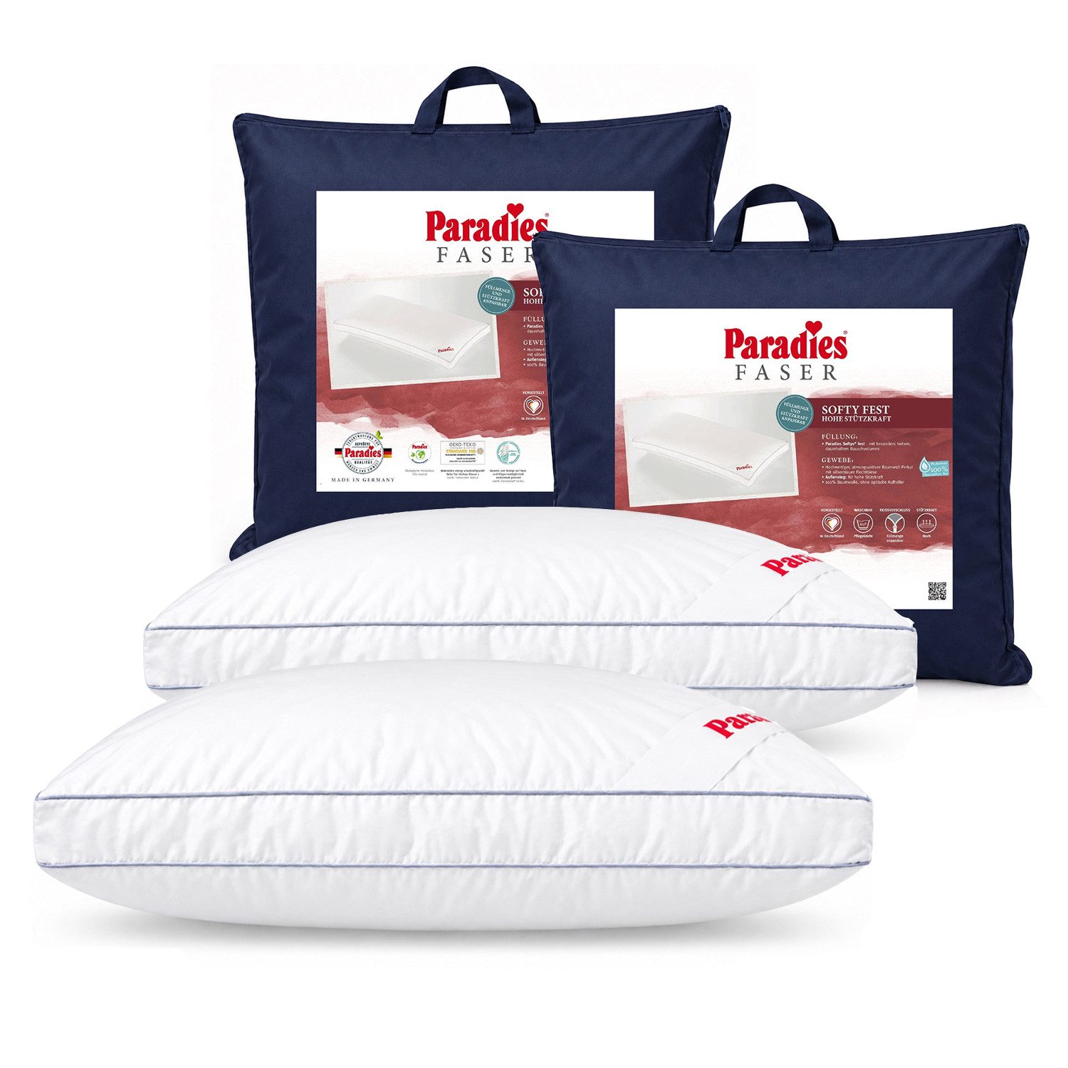 Paradies Kunstfaserkopfkissen 2 x Paradies Kopfkissen Softy fest 80x80 hohes Bauschvolumen Außensteg, Füllung: Paradies Softys, Bezug: 100% Bio Baumwolle, Seitenschläfer, Bauchschläfer, Rückenschläfer