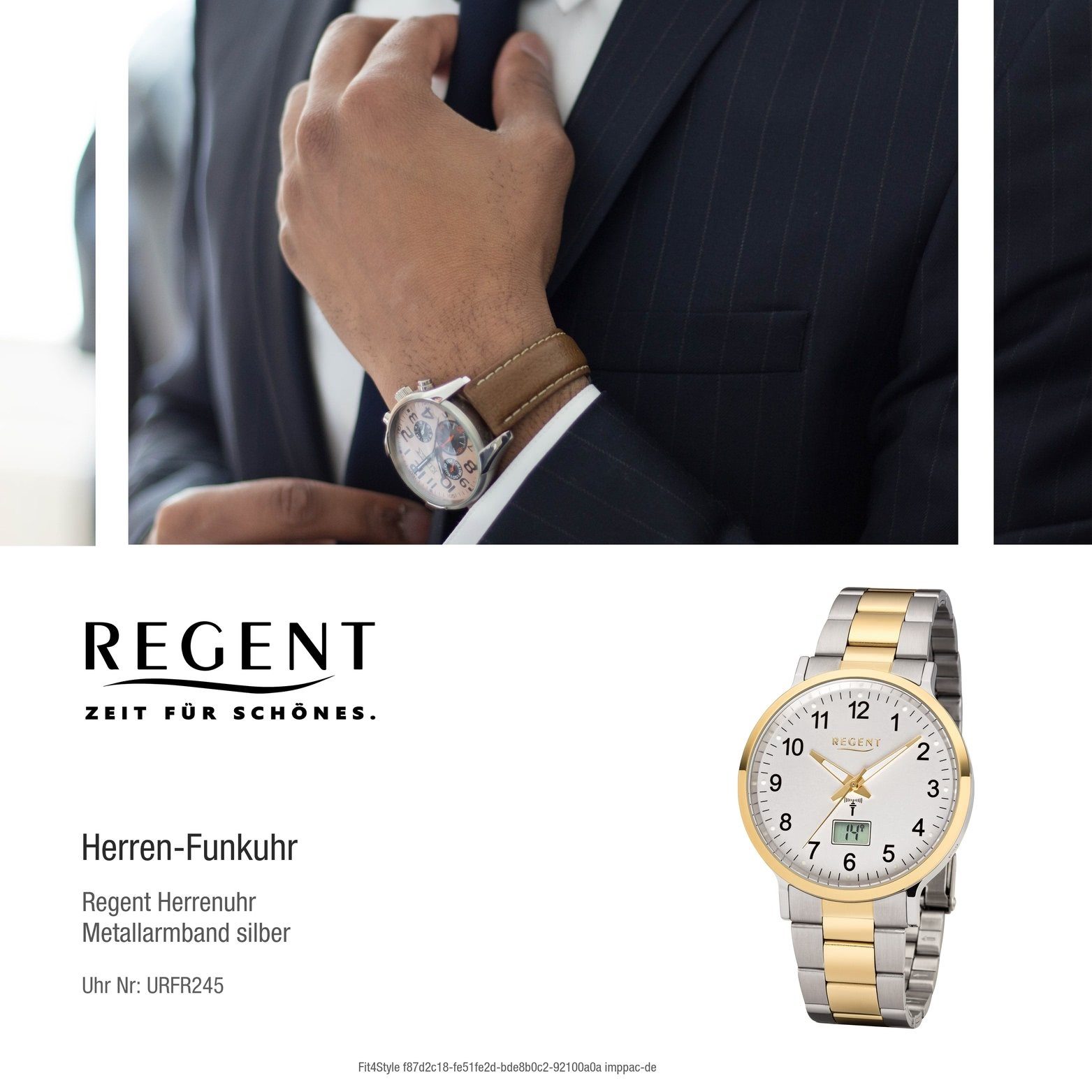 Regent Funkuhr Regent Metall Herren Herrenuhr (ca. rundes Metallarmband, Gehäuse Elegant-Style 40mm), FR-245, Uhr mit