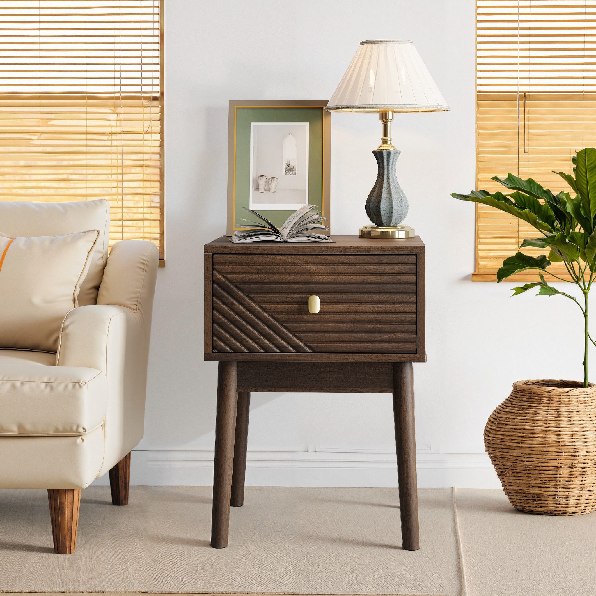 OKWISH Nachttisch Nachttisch,Beistelltisch (Mid-Century Modern Nussbaum Nachttisch mit Metallgriffen, 2er Set., 2-St., 40x 40 x 55 cm), 2 Stück