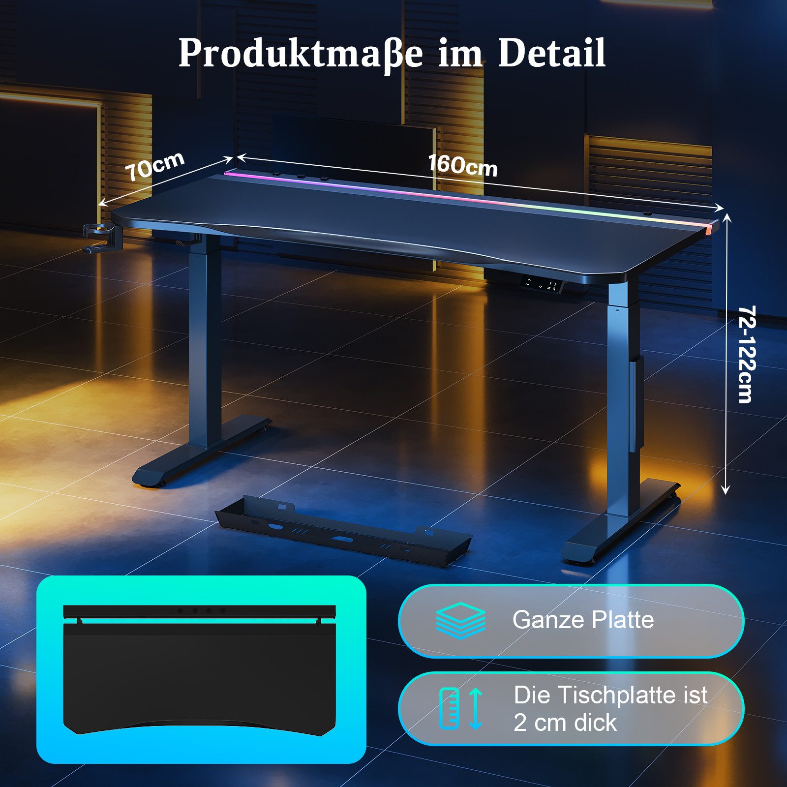 HOMALL Gamingtisch Höhenverstellbarer Schreibtisch, Gaming-Tisch mit RGB-LED-Beleuchtung (Maße: 160 × 70 cm, höhenverstellbarer Schreibtisch mit zwei Motoren, 4 voreingestellte Höhenstufen, 20 mm dicke Tischplatte in Kunstlederoptik, ausgestattet mit Kabelführung, Kopfhörerhalter und Getränkehalter, maximale Belastbarkeit 120 kg)