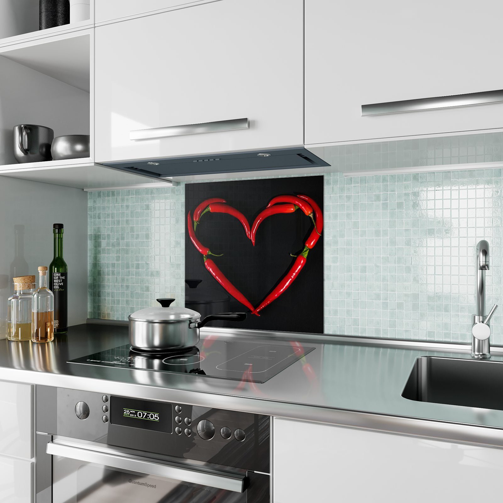 Primedeco Küchenrückwand Motiv mit Chiliherz Glas Küchenrückwand Spritzschutz