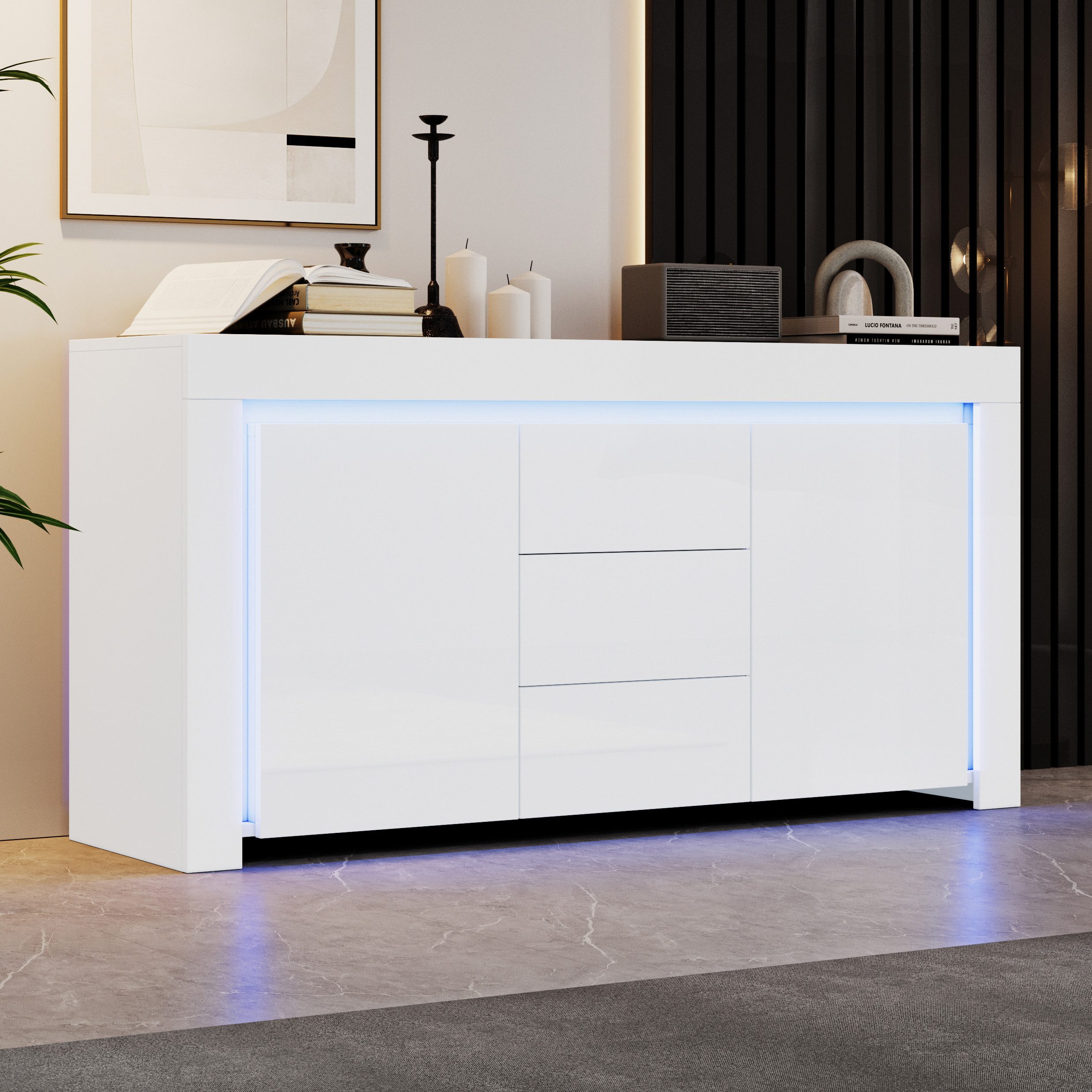 OKWISH Sideboard Hochglanz Beistellschrank mit LED-Lichtleiste (Kommode, An günstig online kaufen