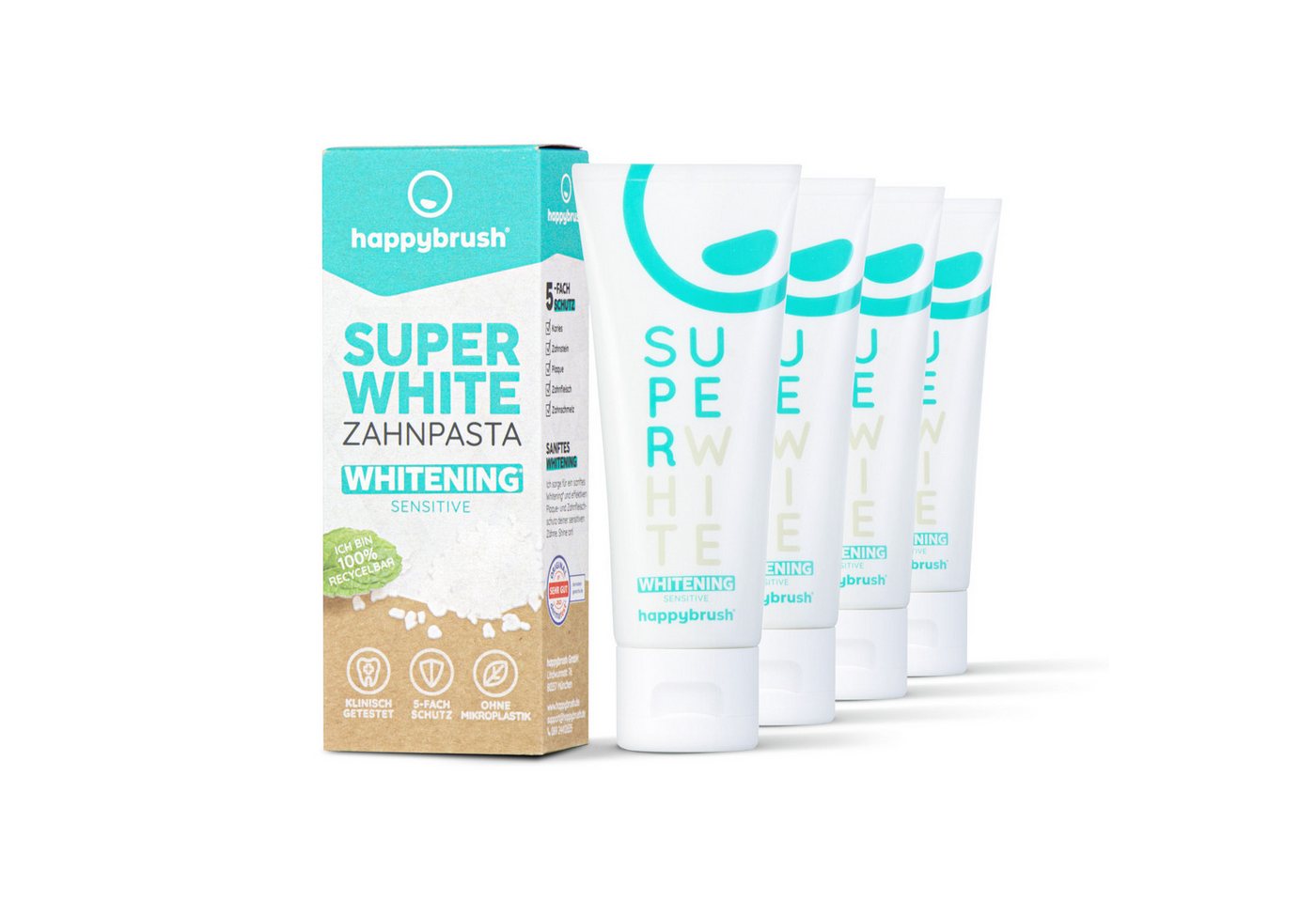 happybrush Zahnpasta SuperWhite+Protect - für weiße Zähne & zur Zahnaufhellung - 4er Pack, (Spar-Set) vegan und FREI VON Natriumlaurylsulfat, Palmöl, Triclosan, Titandioxid