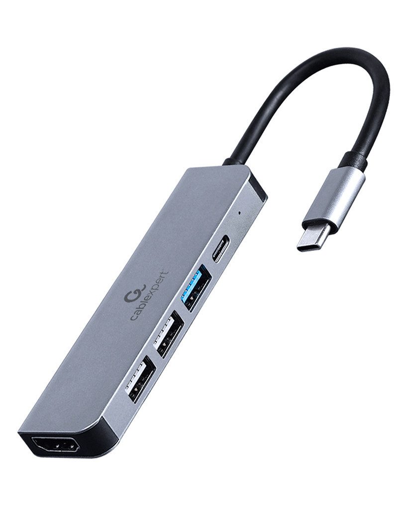 Gembird A-CM-COMBO5-03 Adapter 5-in-1-Multiport-Adapter mit integriertem Typ-C-Kabel zu 5-in-1: USB-Hub mit 3 Anschlüssen, 4K HDMI und USB Typ-C PD Ladeunterstützung, USB-Ausgang: 2x USB 2.0 Typ A-Buchse + 1x USB 3.1 Typ A-Buchse