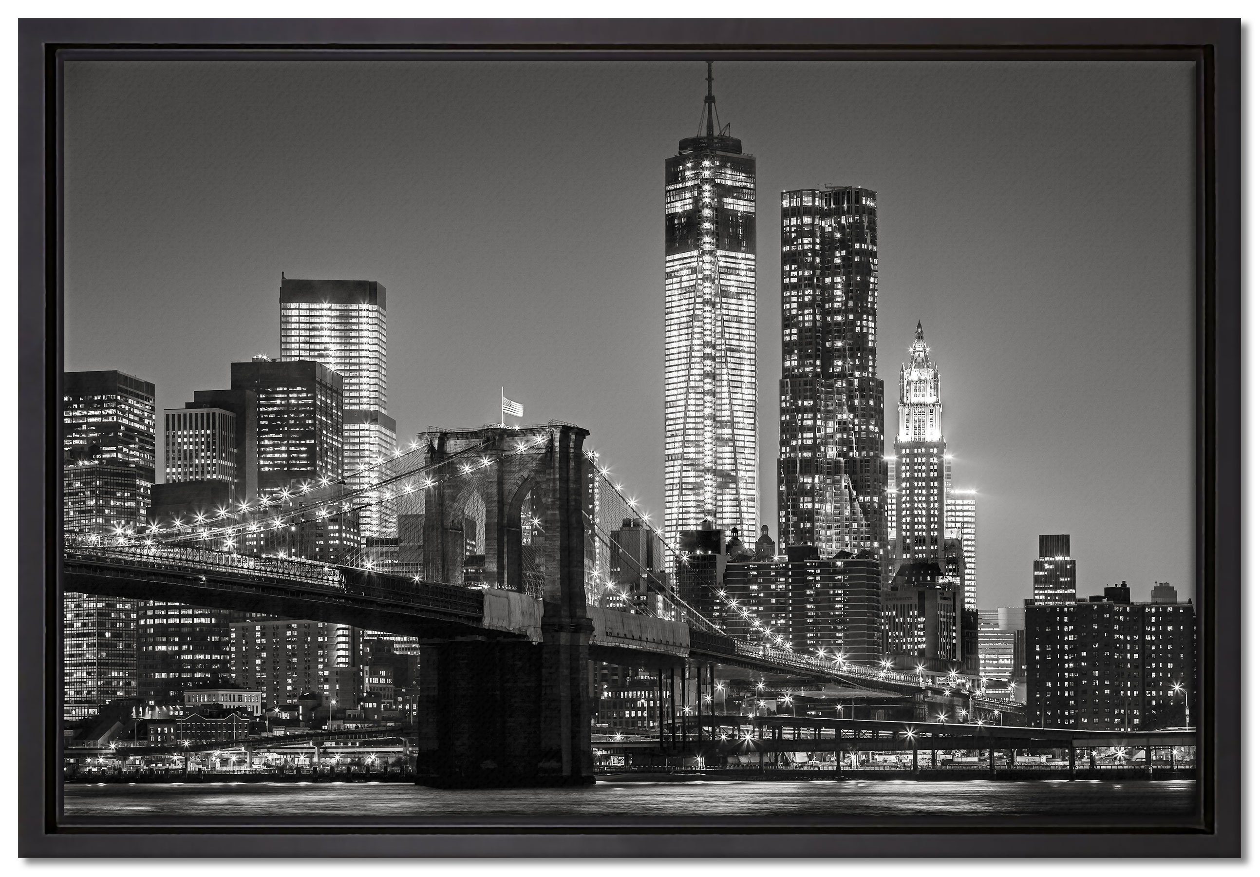 Pixxprint Leinwandbild New York Wanddekoration Skyline gefasst, St), City inkl. einem Leinwandbild fertig Nacht, bei Schattenfugen-Bilderrahmen in (1 bespannt, Zackenaufhänger