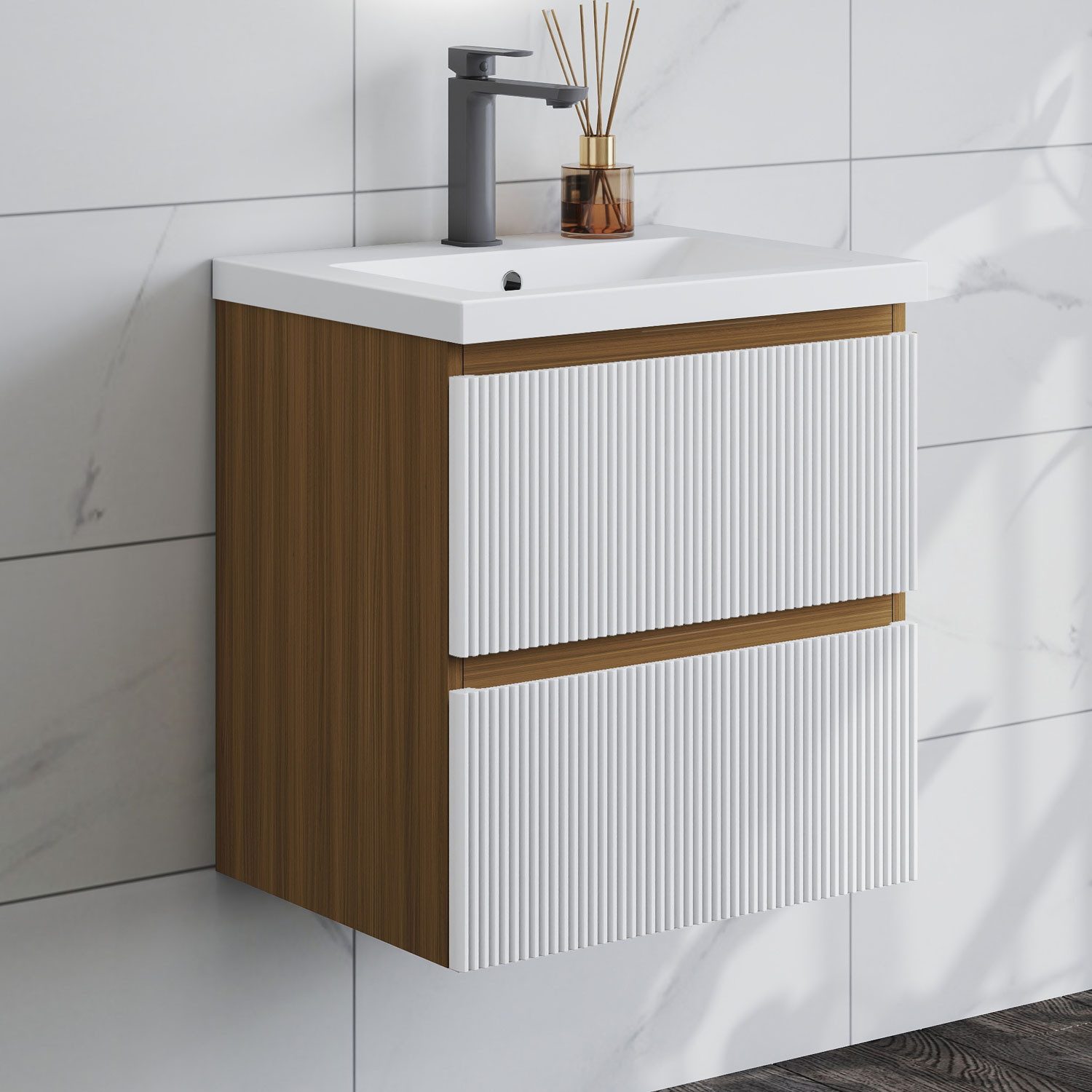 duschspa Waschtisch Waschbecken mit Unterschrank Badmöbel Set Hängeschrank, Weiß/Schwarz, 50-120 cm