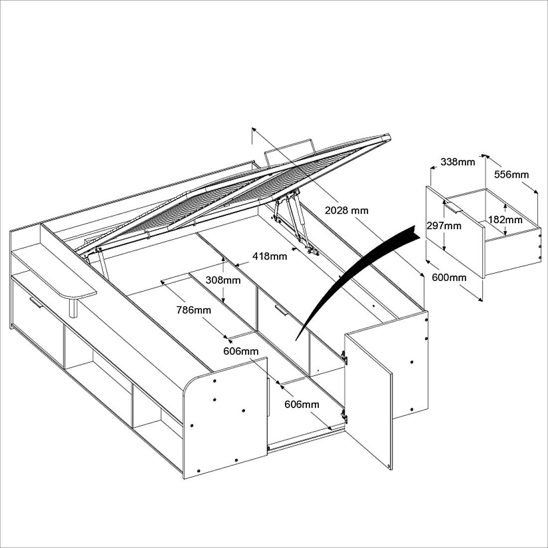 Parisot Stauraumbett Travel, maximaler Stauraum, wie ein begehbarer Kleiderschrank, Ablageflächen, hydraulischer Bettkasten mit Regalen, Schublade, Tür
