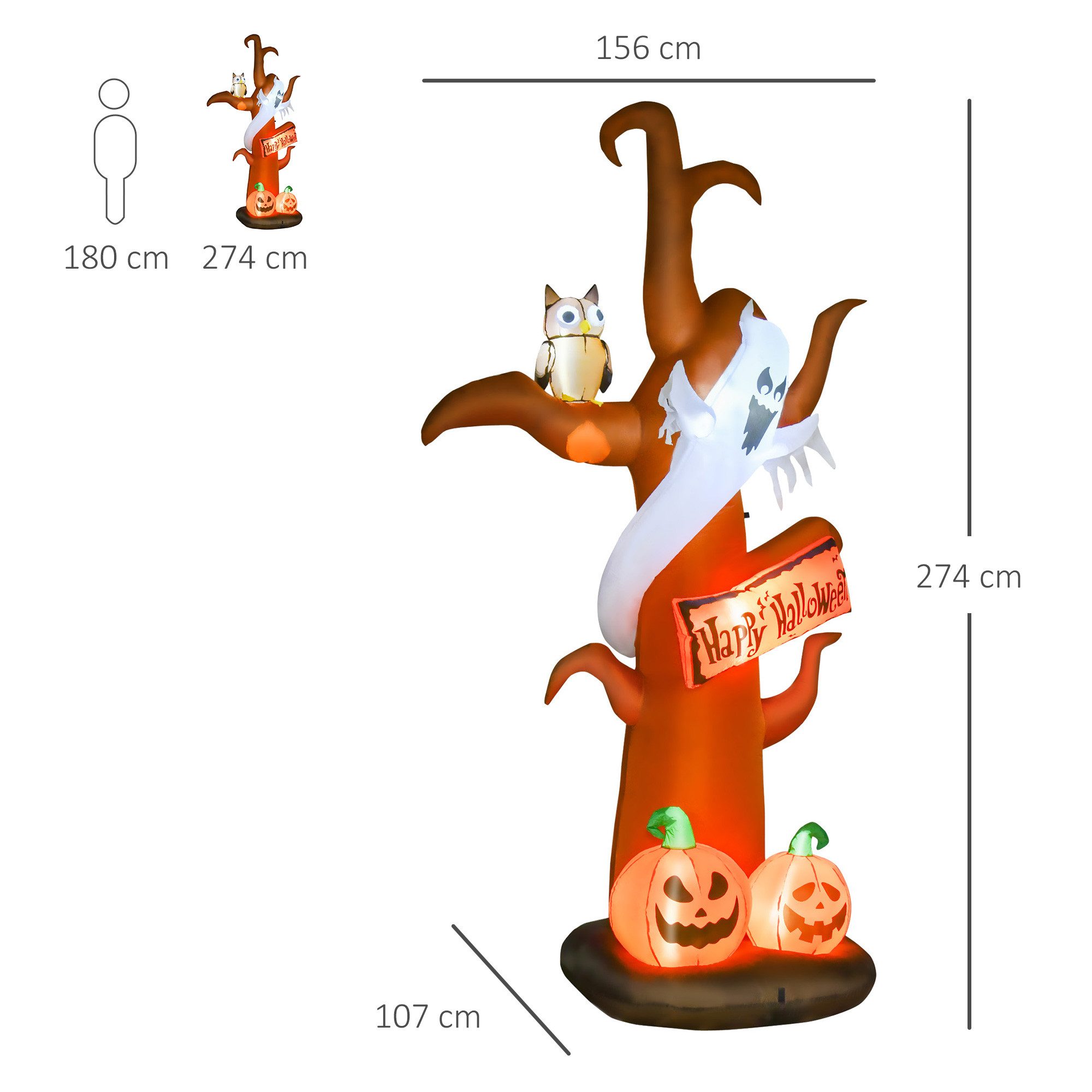 HOMCOM LED-Dekofigur Aufblasbarer Halloween Baum Kürbis (Halloween-Deko, 1 St., Aufblasbarer Spukbaum), Polyester Braun 156 x 107 x 274 cm