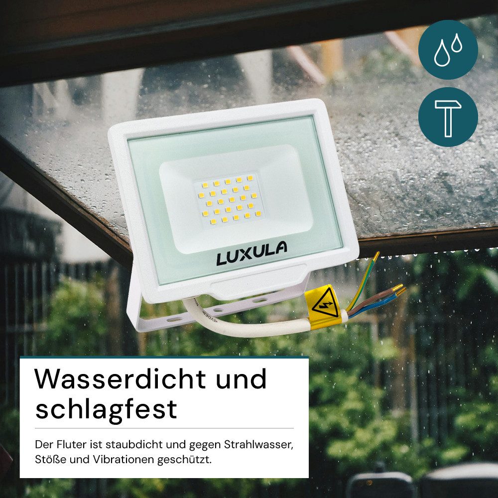 LUXULA LED Flutlichtstrahler LED-Fluter, 20 W, 3000 K (warmweiß), 2000 lm, weiß, IP65, LED fest integriert, Warmweiß