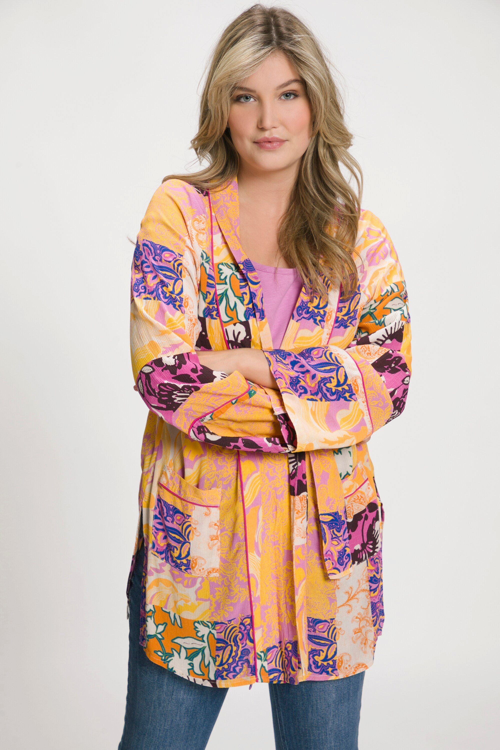 Longbluse Kimono Patchdruck A-Linie Schalkragen Langarm