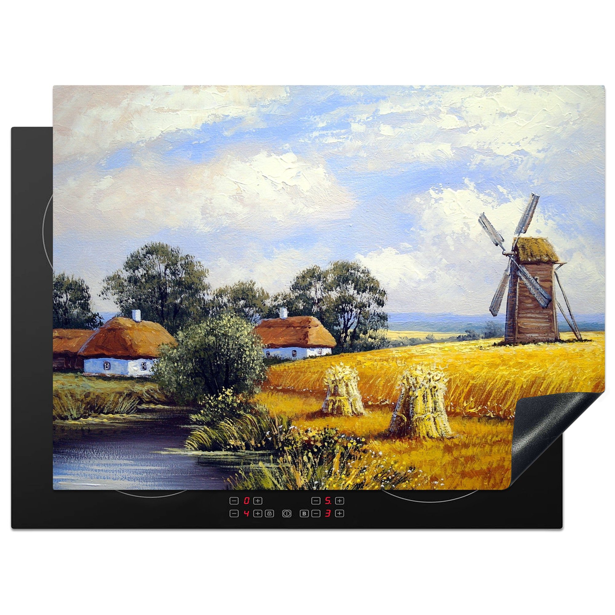 MuchoWow Herdblende-/Abdeckplatte Gemälde - Bauernhof - Mühle - Ölfarbe, Vinyl, (1 tlg), 70x52 cm, Mobile Arbeitsfläche nutzbar, Ceranfeldabdeckung