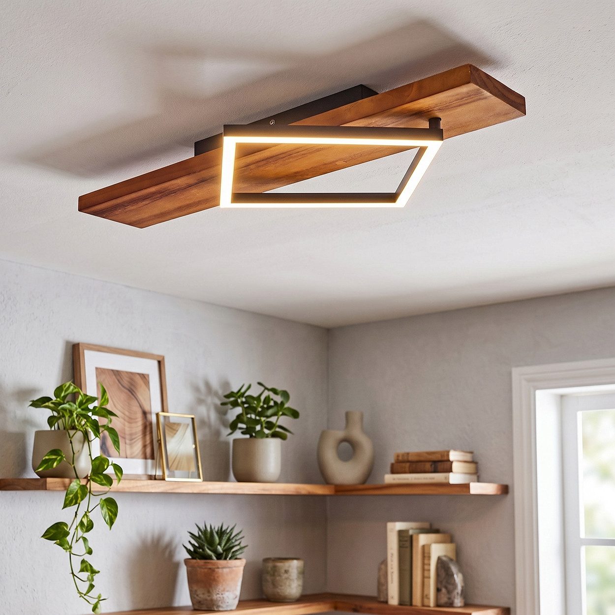 hofstein Deckenleuchte Deckenlampe aus Metall/Holz/Kunststoff in Schwarz/Natur/Weiß, ohne Leuchtmittel, 3000 Kelvin, Leuchte im modernen Design, 13 Watt, 1750 Lumen, 3000 Kelvin