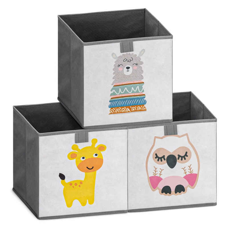 Navaris Aufbewahrungsbox, 3x Spielzeug Box faltbar - 3er Set Regal Aufbewahrung 28 x 28 x 28 cm - Kinder Spielzeugkiste - Tier Motiv Kisten mit Griff