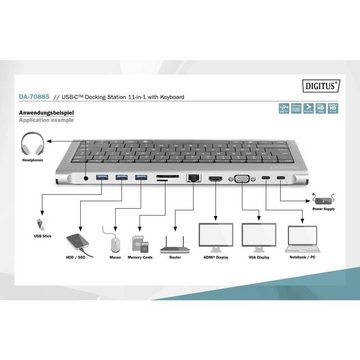 Digitus Laptop-Dockingstation 10-Port USB-C Dock mit Tastatur (GER), HDMI, VGA, inkl. Ladefunktion, integrierter Kartenleser